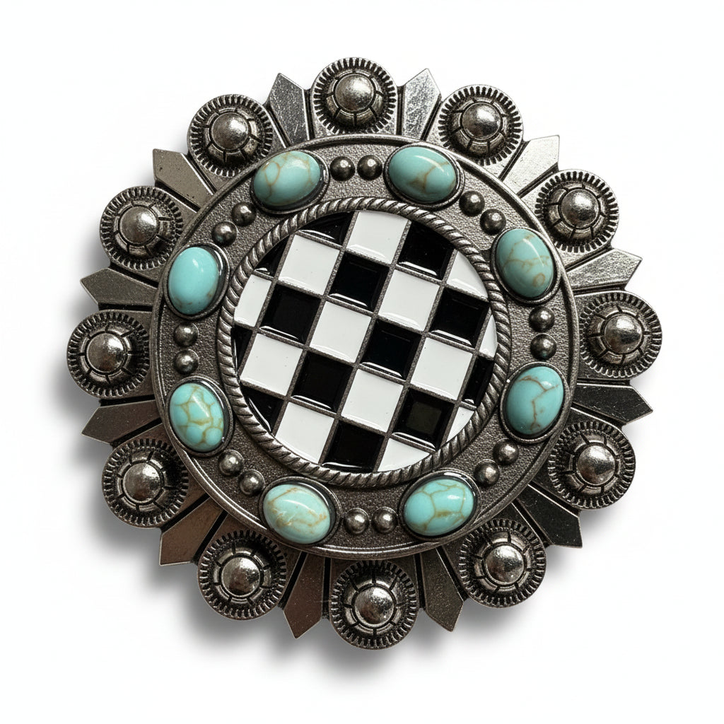 Black and White Checkered Turquoise Concho #W273