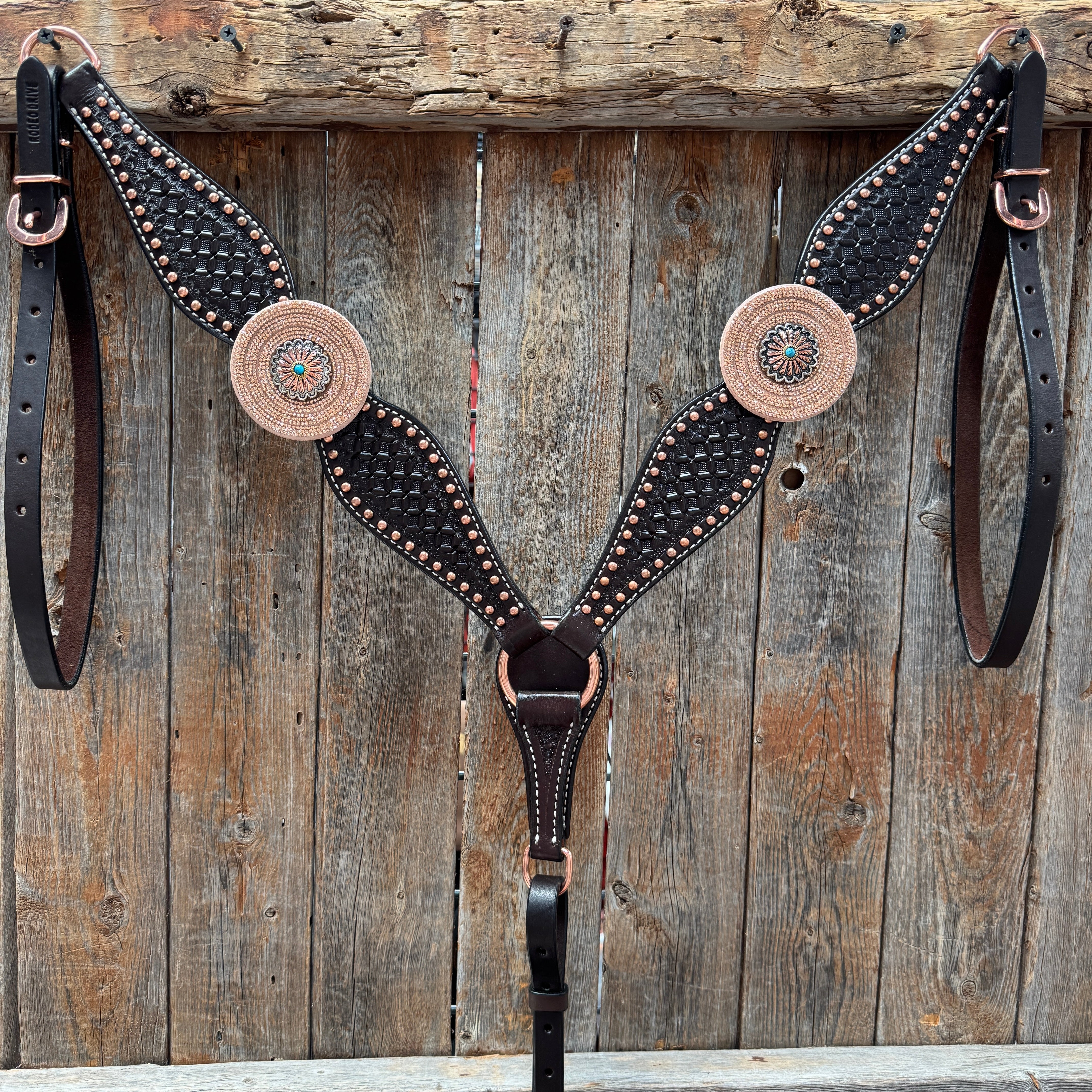 Copper Dot Honeycomb Floral and Rhinestone  One Ear Tack Set #OEBC660