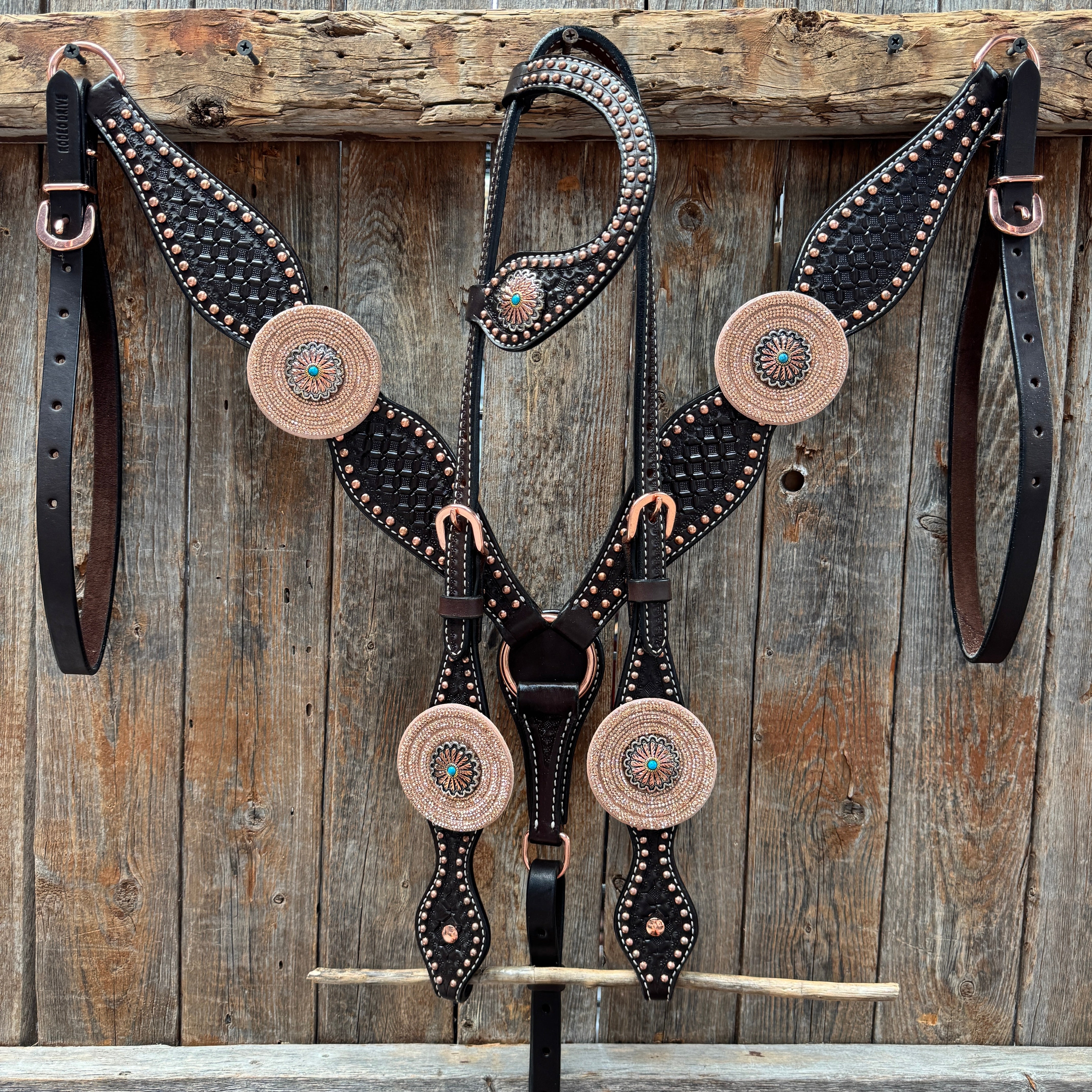 Copper Dot Honeycomb Floral and Rhinestone  One Ear Tack Set #OEBC660