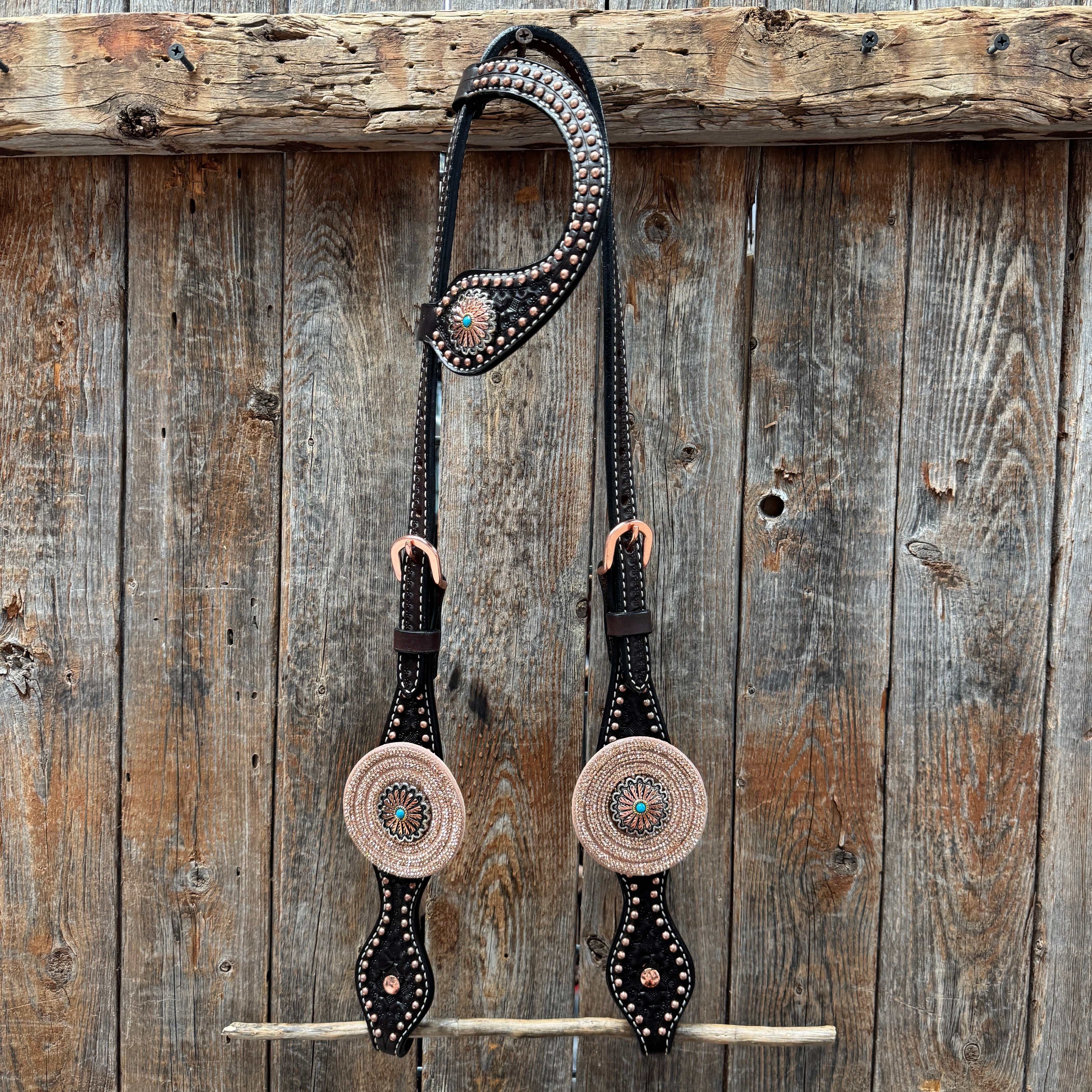 Copper Dot Honeycomb Floral and Rhinestone  One Ear Tack Set #OEBC660