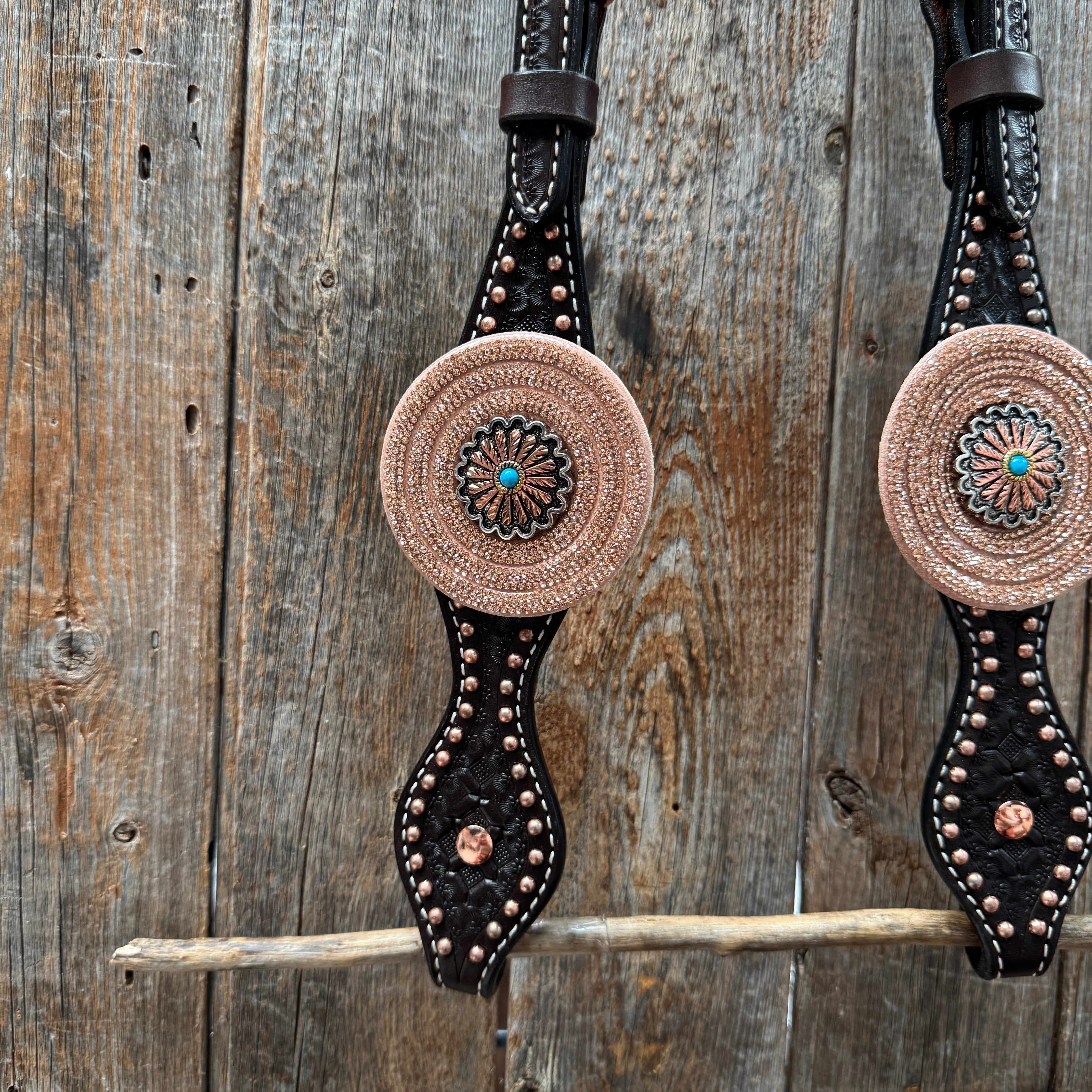 Copper Dot Honeycomb Floral and Rhinestone  One Ear Tack Set #OEBC660