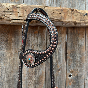 Dark Oil Copper Dot Honeycomb Turquoise Flower & Rhinestone One Ear ...