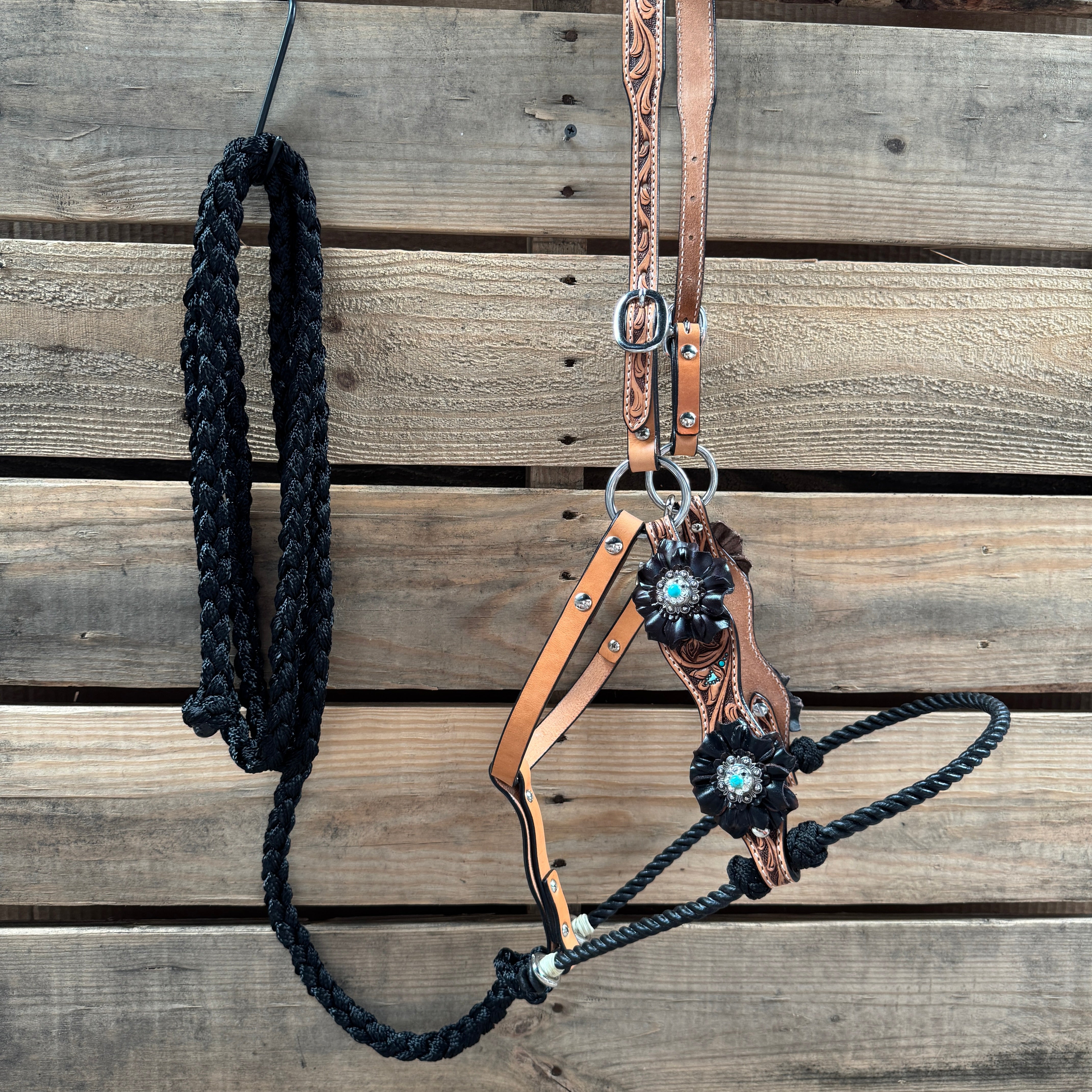 Floral Tooled Lariat & Leather Combo Halter #LH106