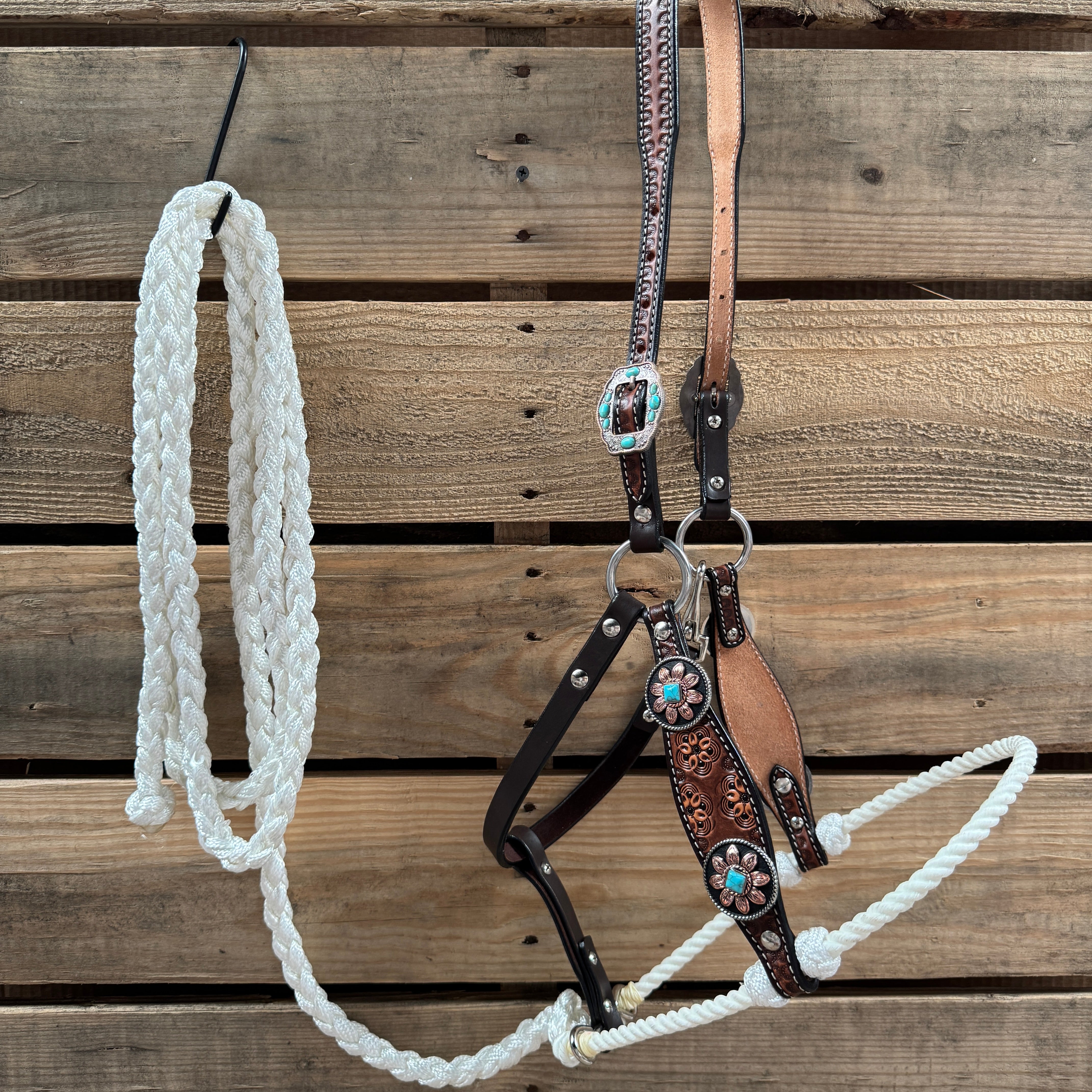 Floral Tooled Lariat & Leather Combo Halter #LH104