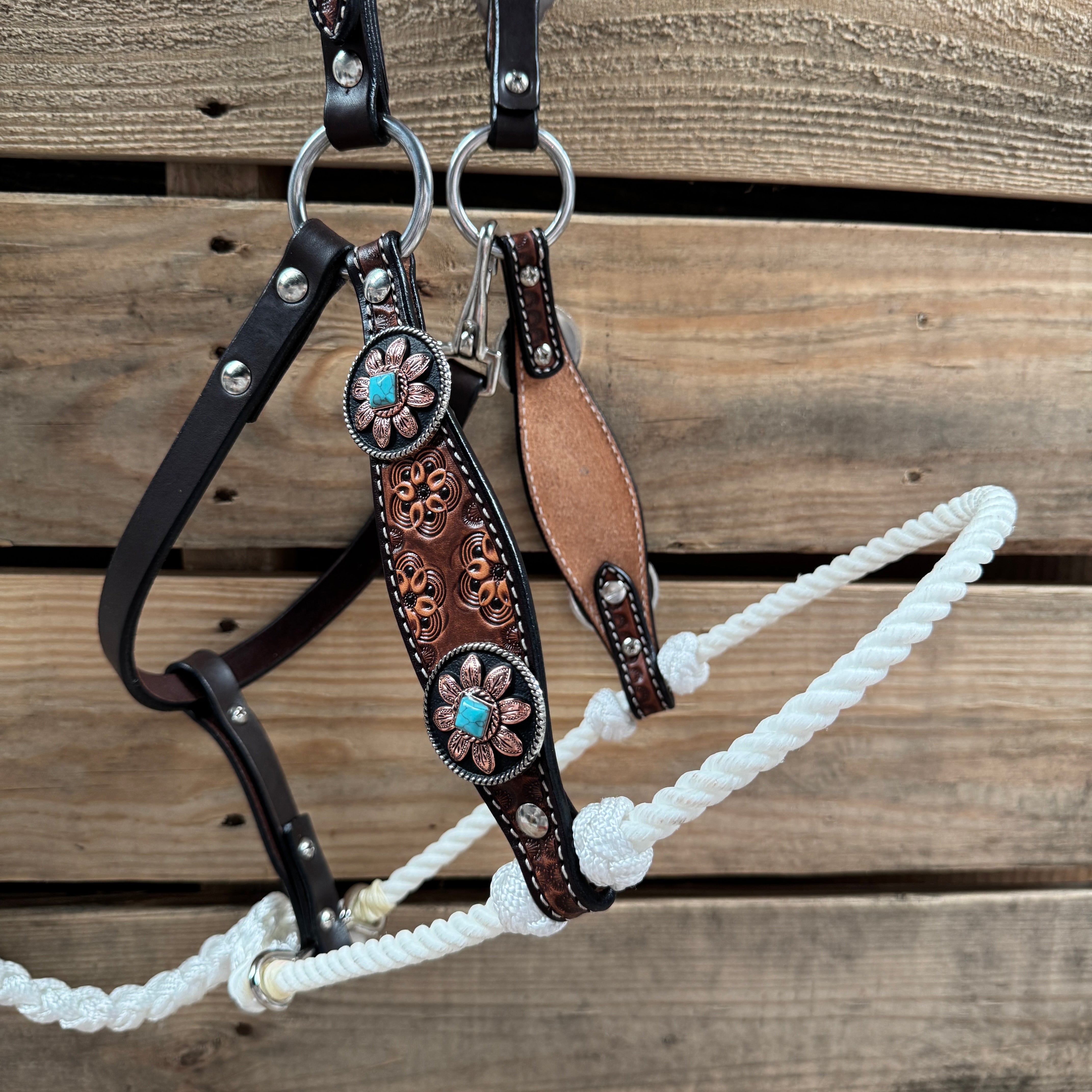 Floral Tooled Lariat & Leather Combo Halter #LH104