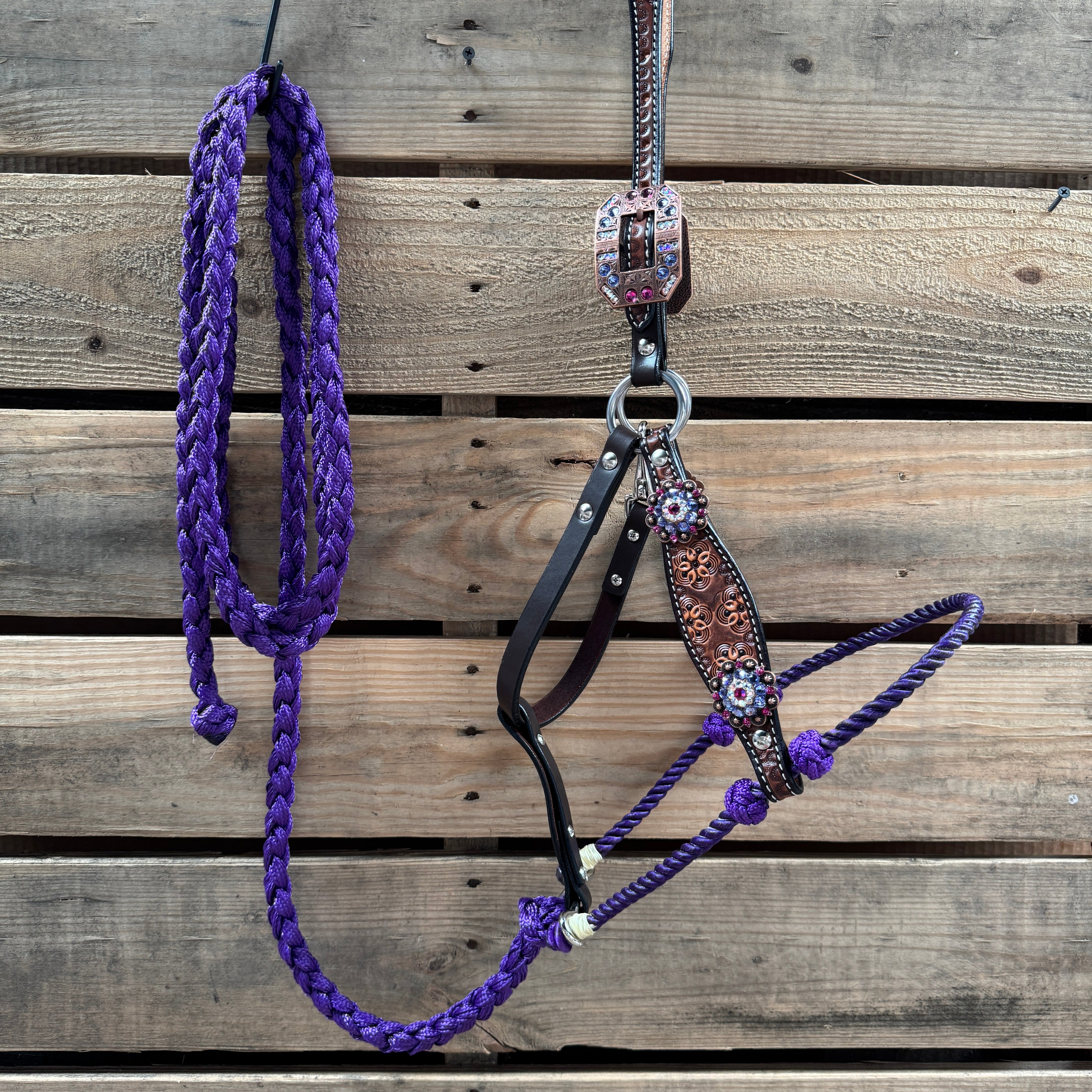 Floral Tooled Lariat & Leather Combo Halter #LH101