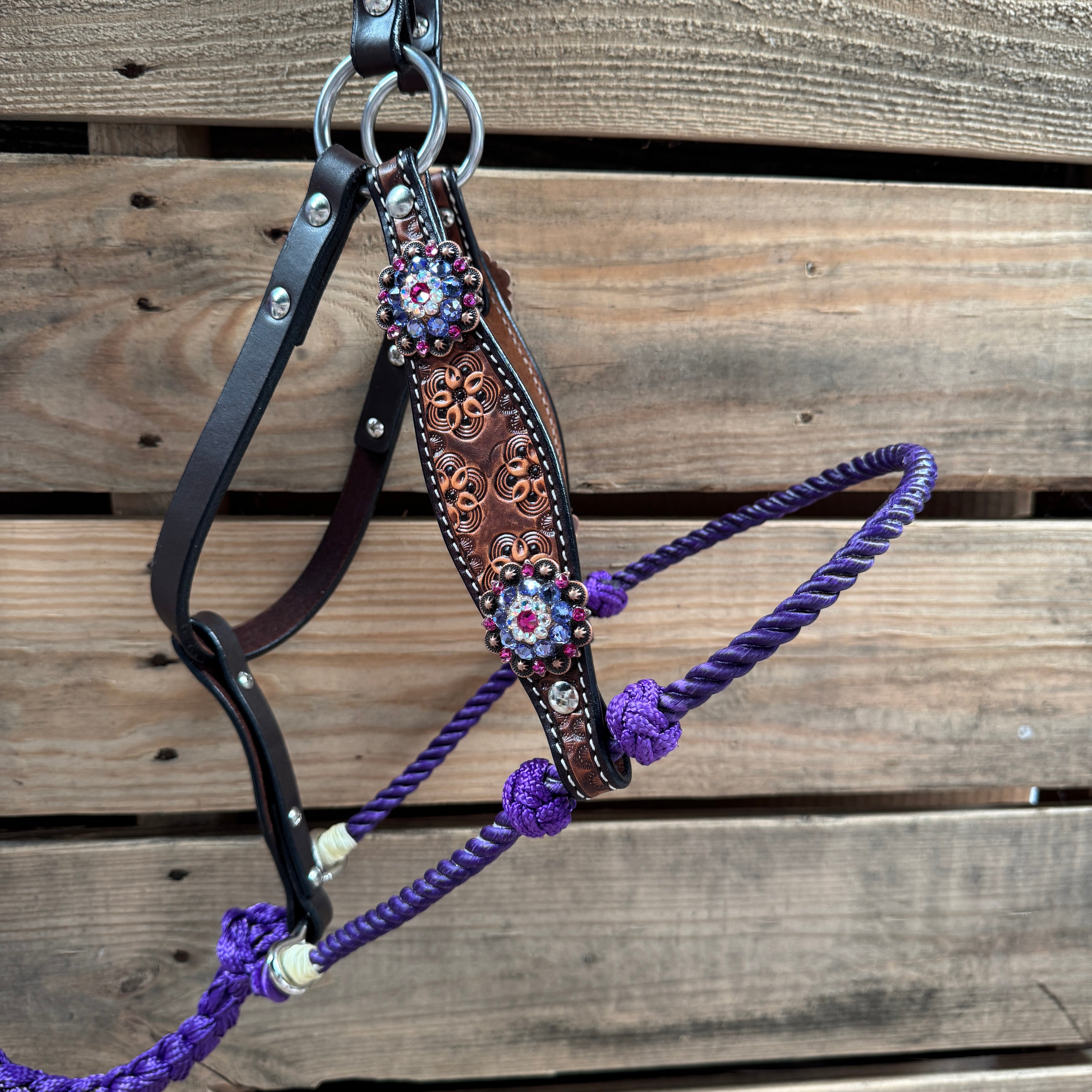 Floral Tooled Lariat & Leather Combo Halter #LH101
