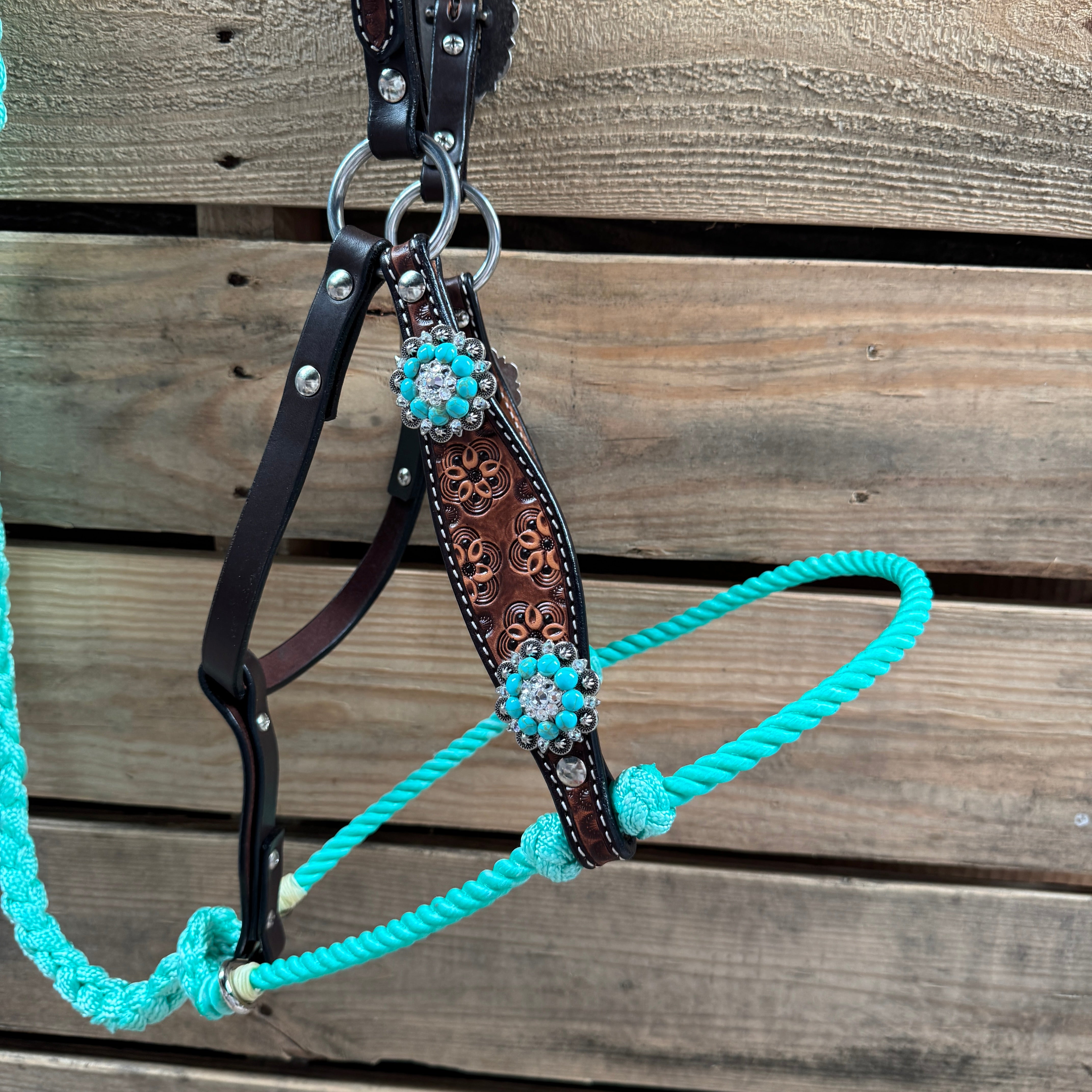 Floral Tooled Lariat & Leather Combo Halter #LH118