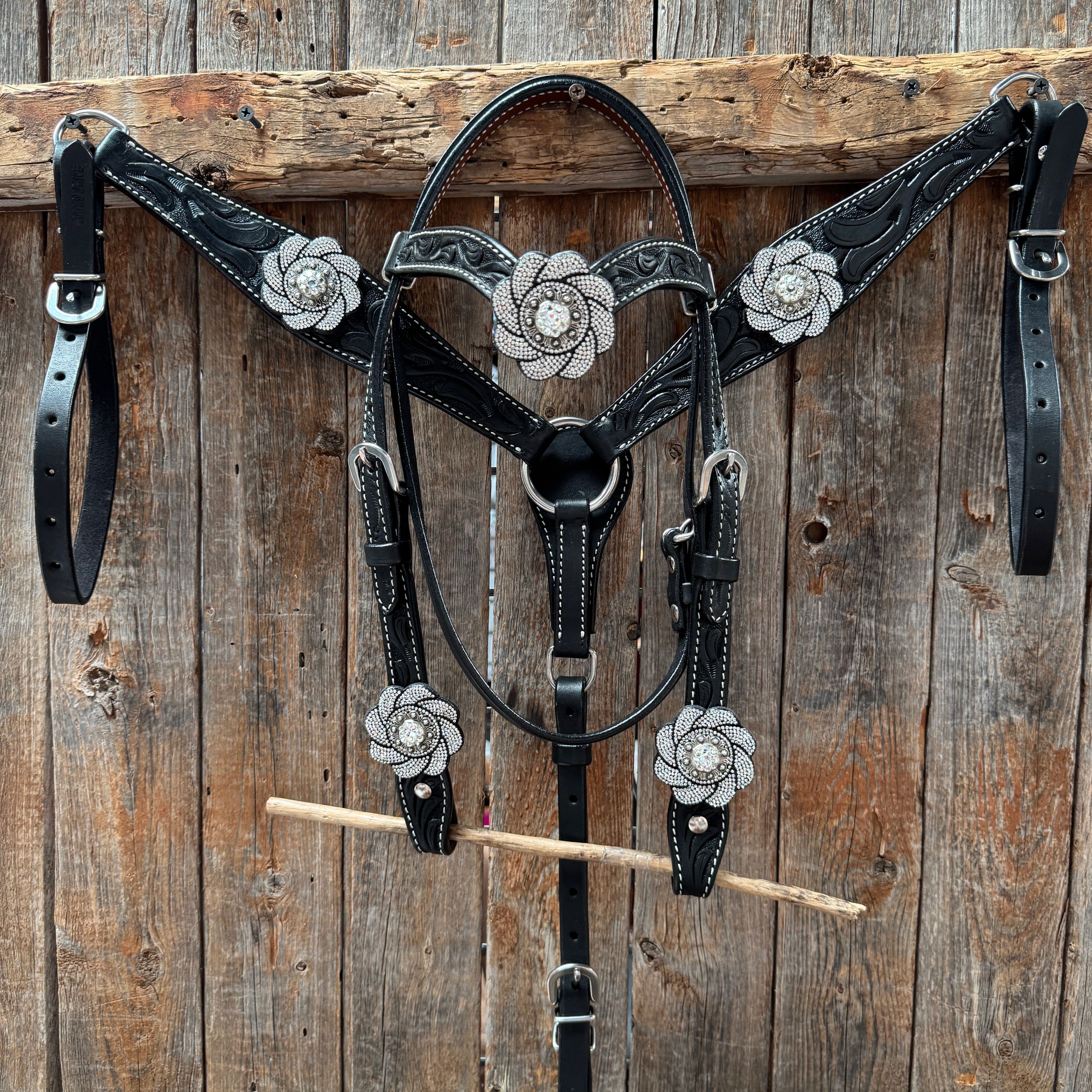 Pony Black Floral Clear Rhinestone V-Browband Tack Set #BBBC665P