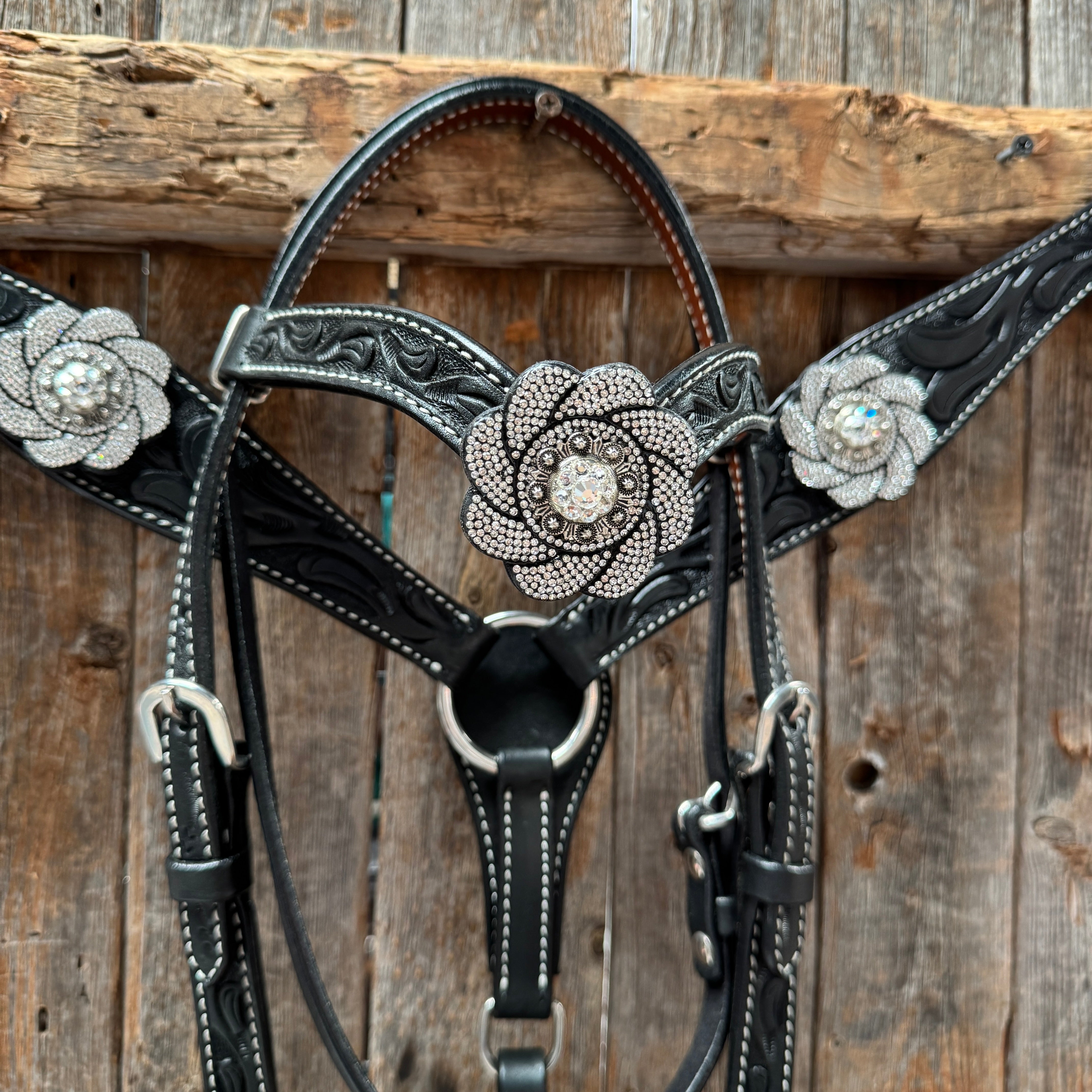 Pony Black Floral Clear Rhinestone V-Browband Tack Set #BBBC665P