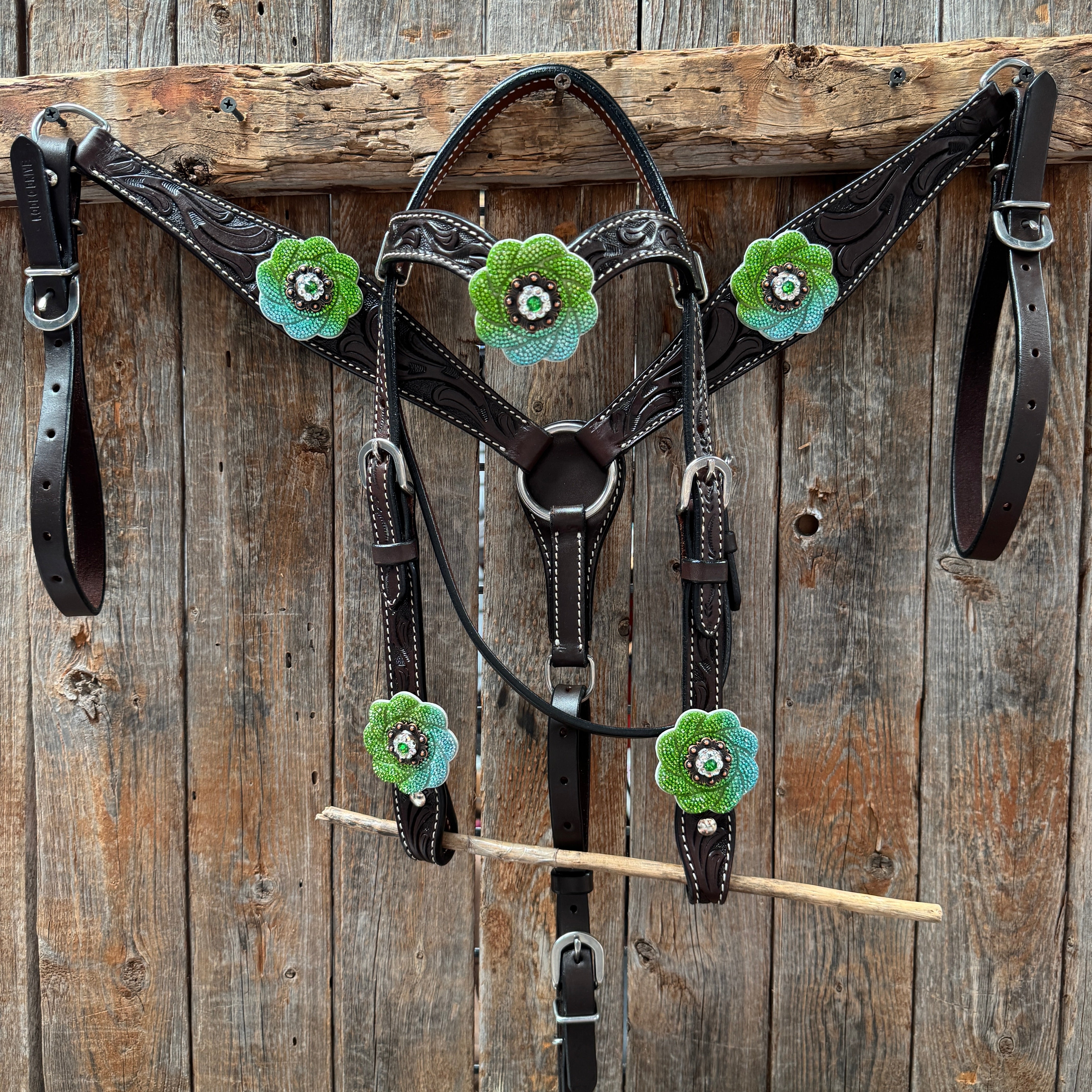 Pony Dark Oil Floral Blue and Green Rhinestone V-Browband Tack Set #BBBC666P