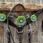 Pony Dark Oil Floral Blue and Green Rhinestone V-Browband Tack Set #BBBC666P