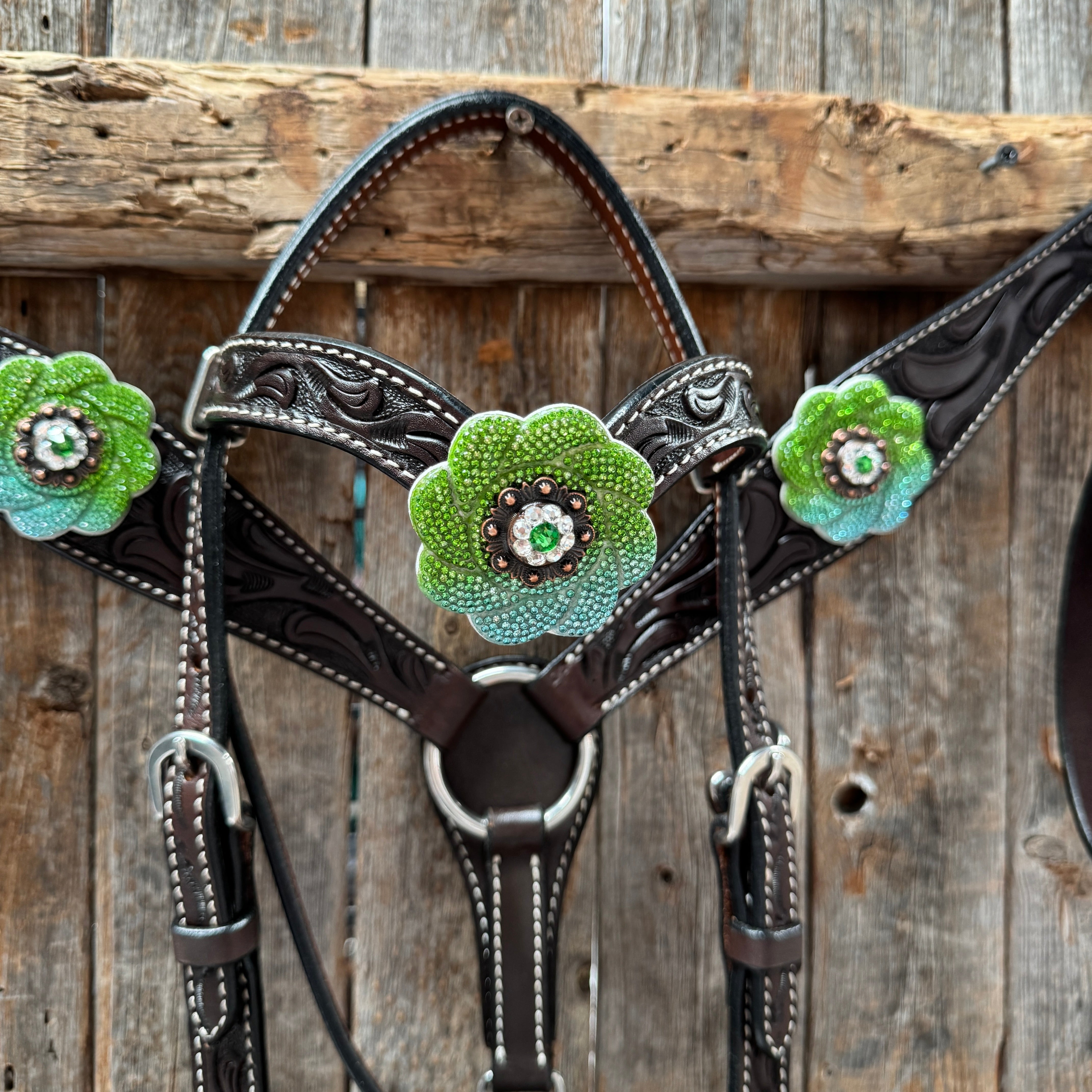 Pony Dark Oil Floral Blue and Green Rhinestone V-Browband Tack Set #BBBC666P
