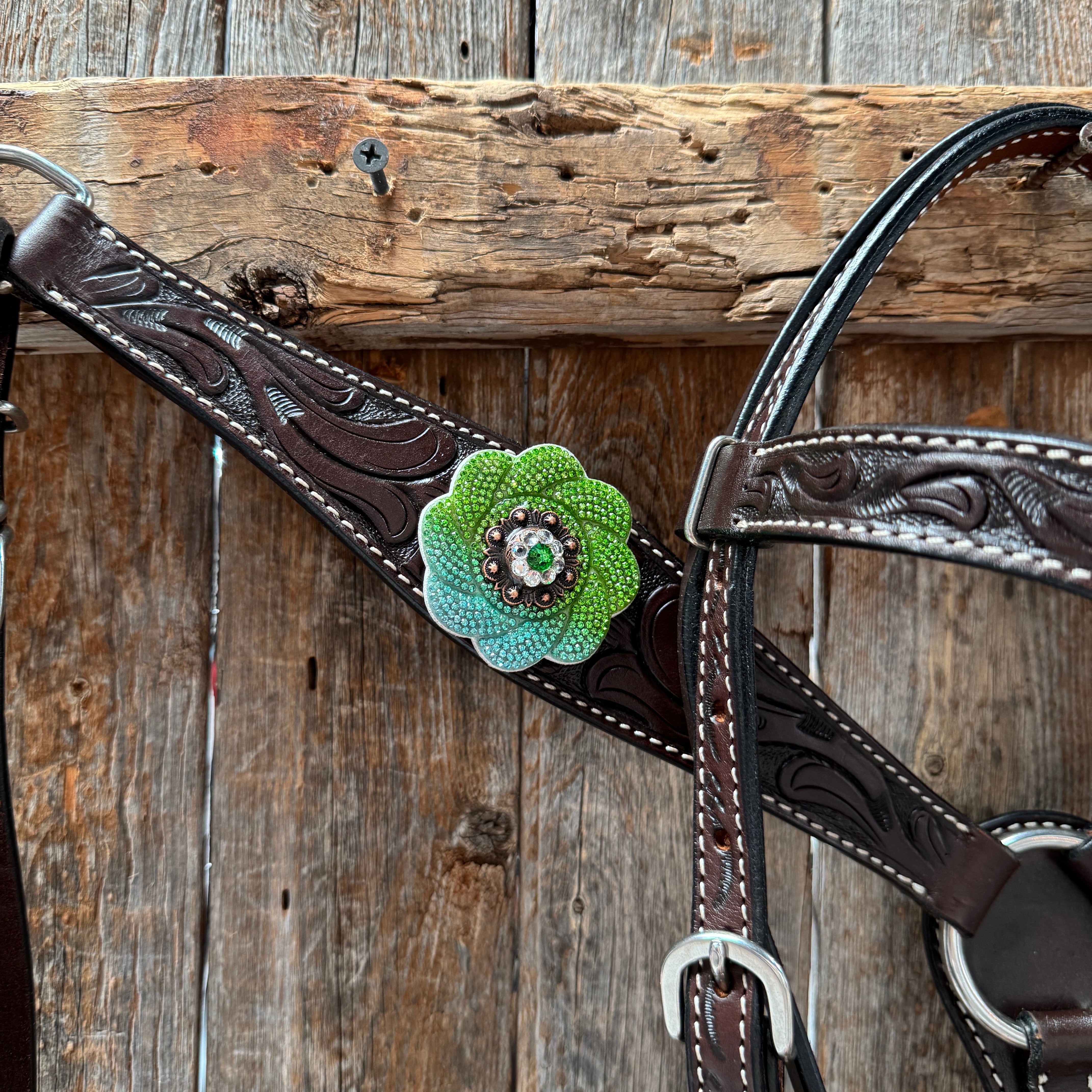 Pony Dark Oil Floral Blue and Green Rhinestone V-Browband Tack Set #BBBC666P