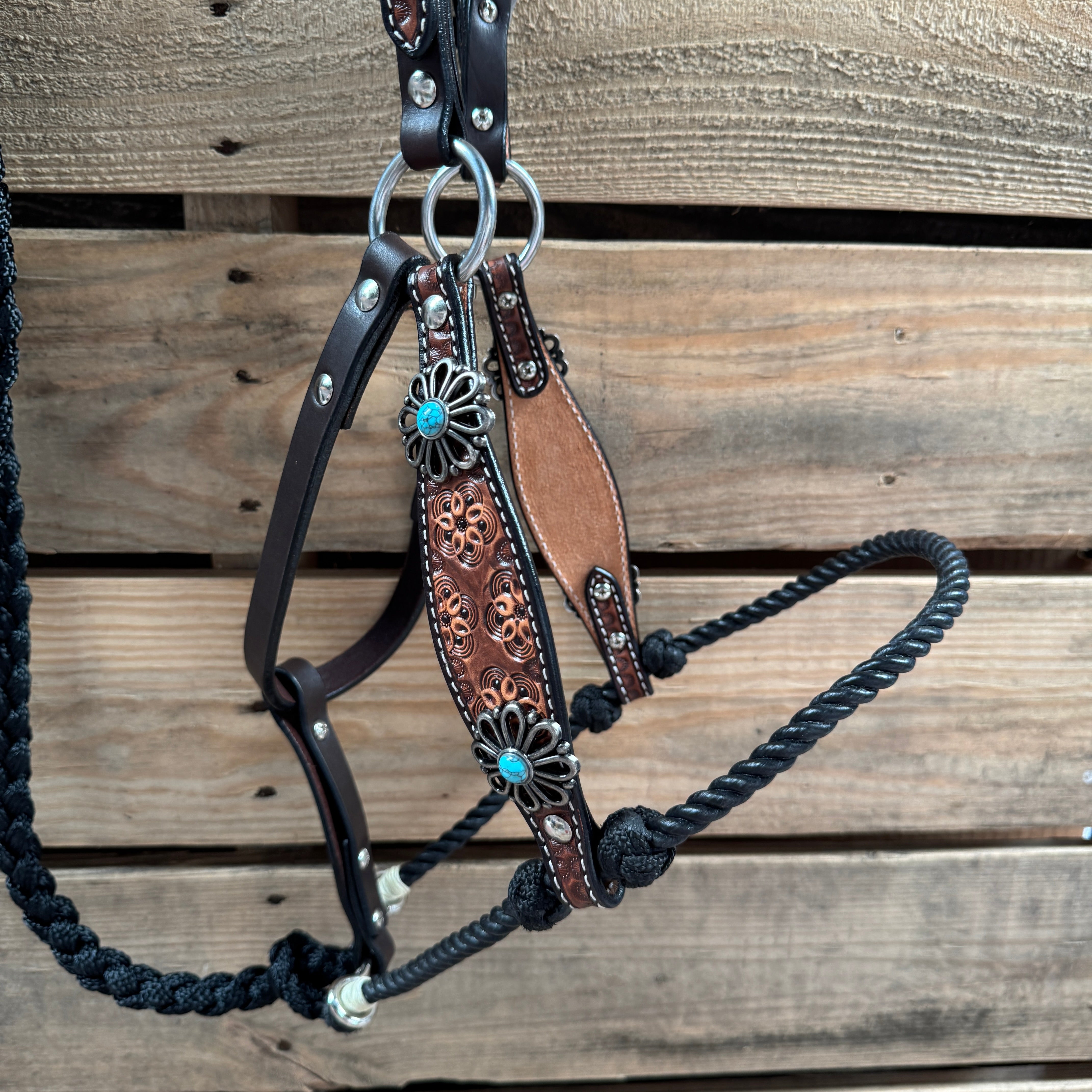 Floral Tooled Lariat & Leather Combo Halter #LH119