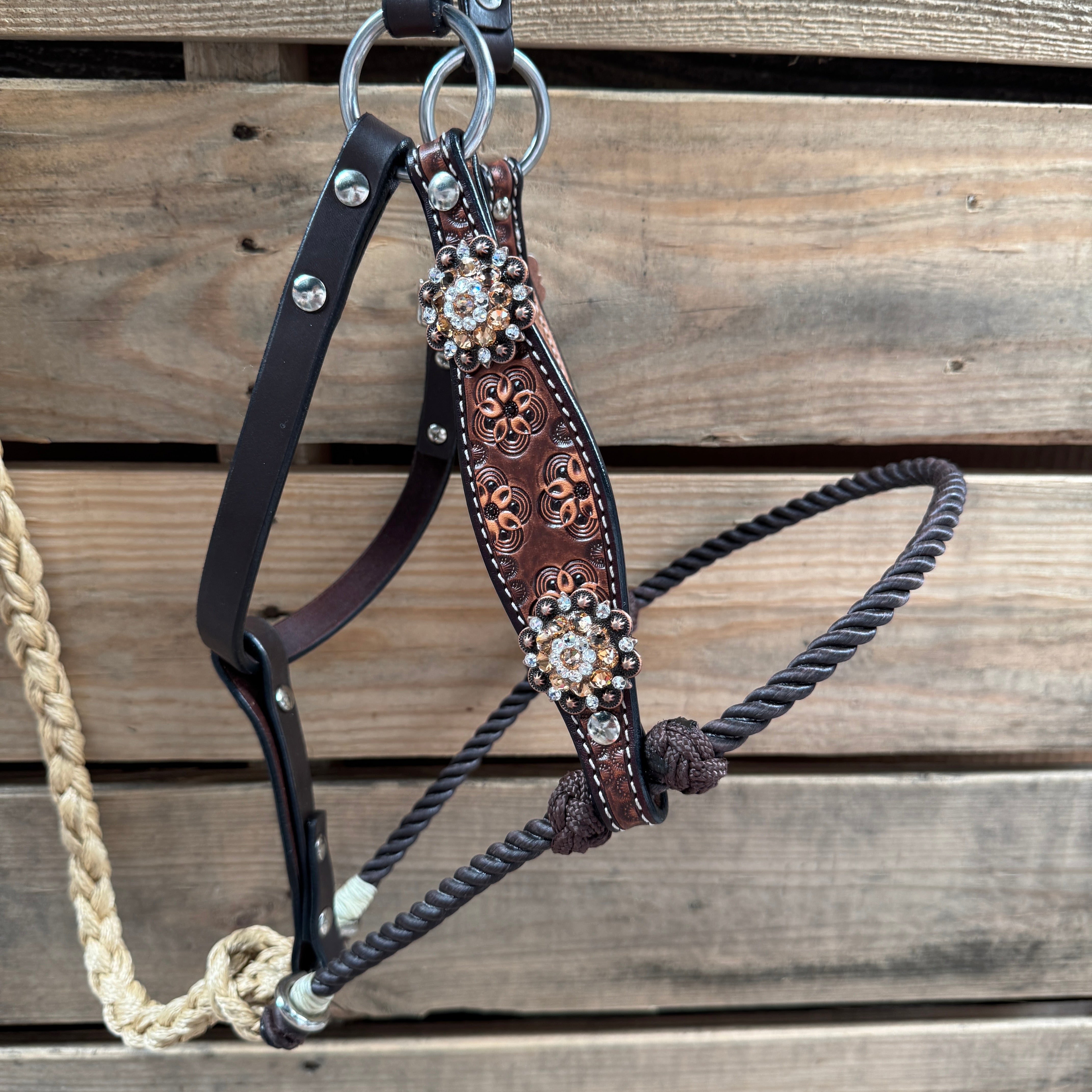 Floral Tooled Lariat & Leather Combo Halter #LH105