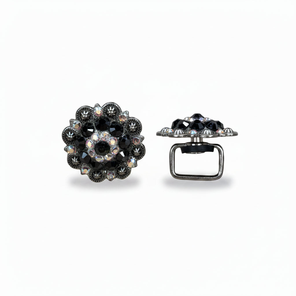 Antique Silver Jet - AB Crystal Conchos | Sizes 1"- 3" | Buckles | Saddle Set | Leather Rosettes | Slide