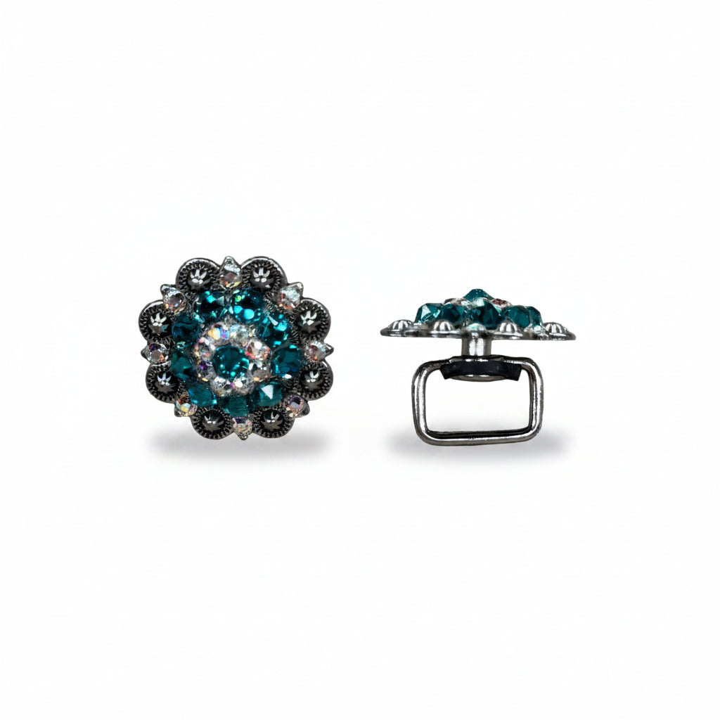 Antique Silver Teal - AB Crystal Conchos | Sizes 1"- 3" | Buckles | Saddle Set | Leather Rosettes | Slide