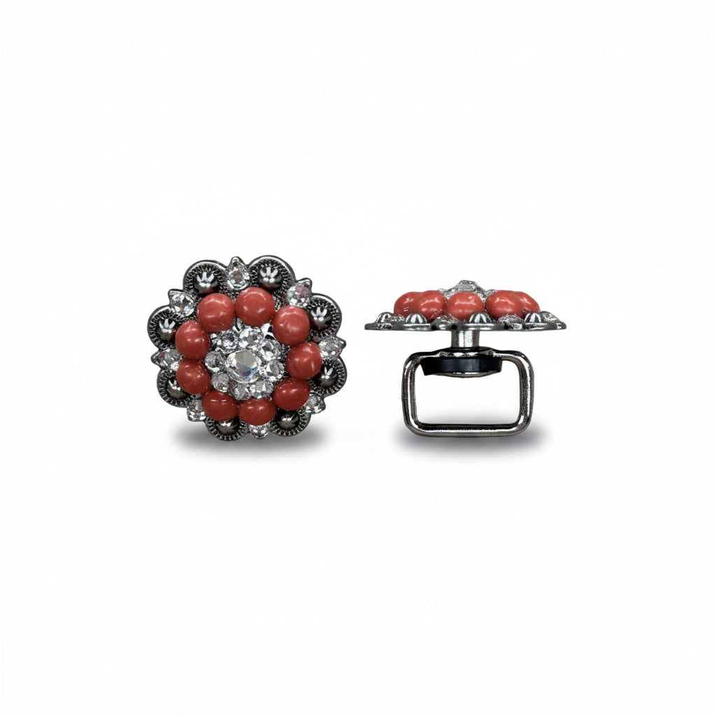 Antique Silver Coral - Clear Crystal Conchos | Sizes 1"- 3" | Buckles | Saddle Set | Leather Rosettes | Slide