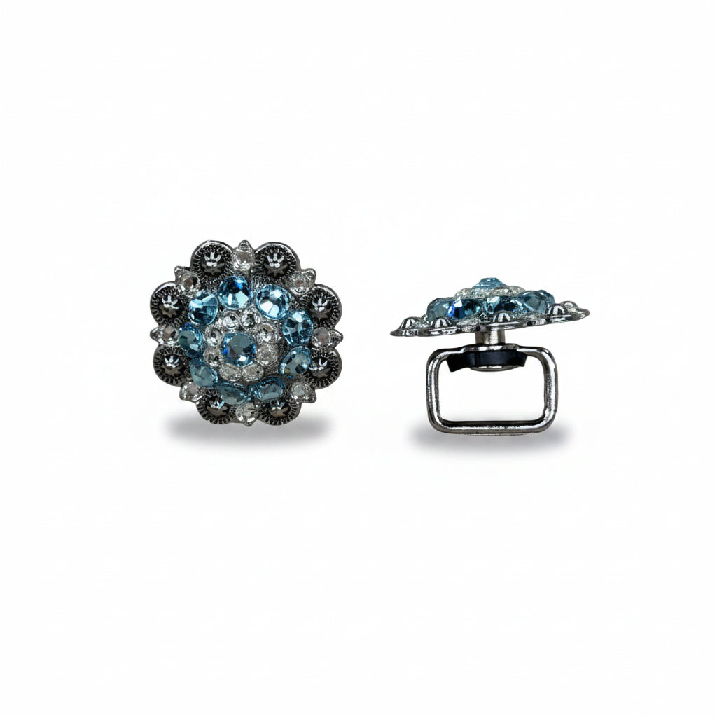Antique Silver Aqua  - Clear Crystal Conchos | Sizes 1"- 3" | Buckles | Saddle Set | Leather Rosettes | Slide
