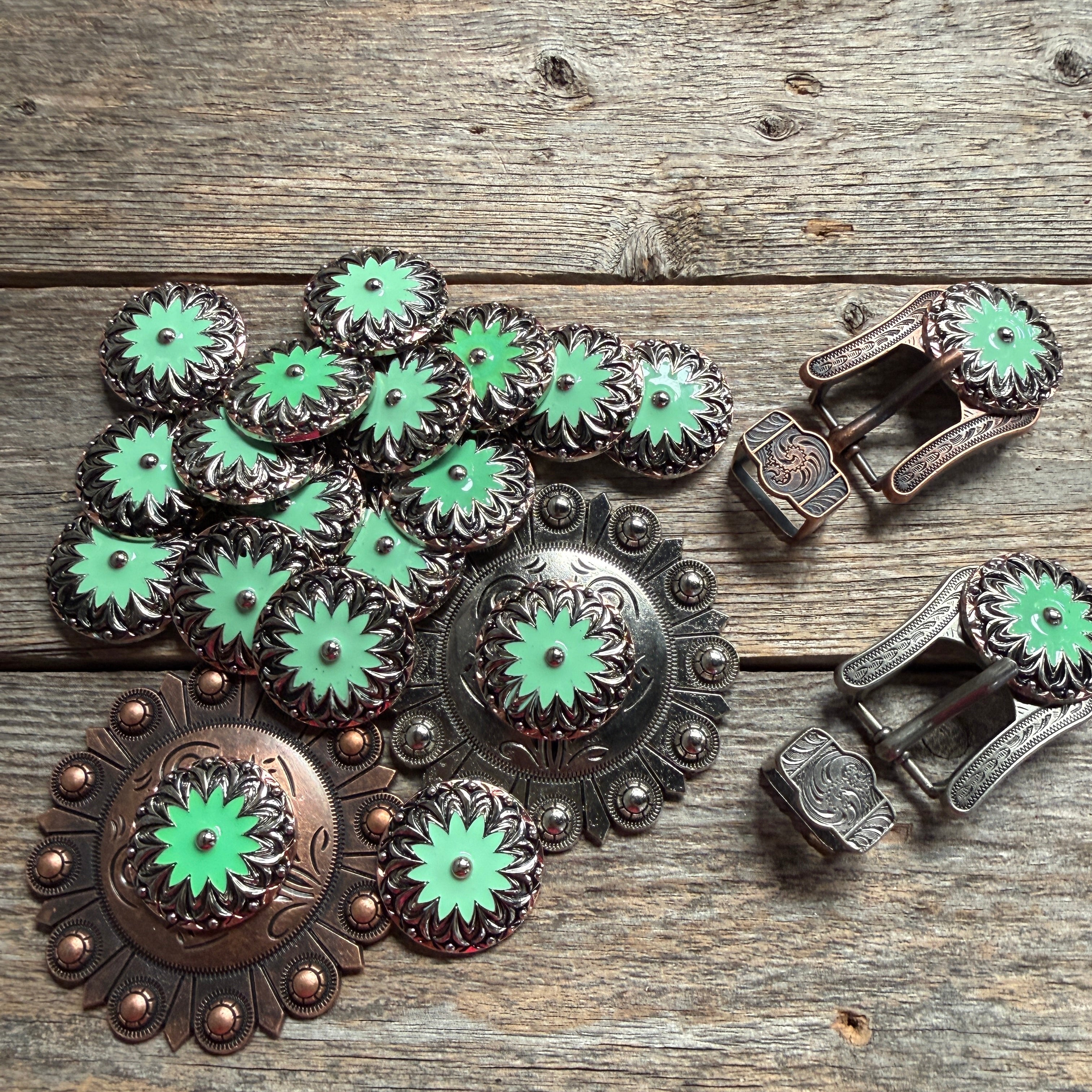 Copper & Antique Silver Turquoise Flower Western Concho W122