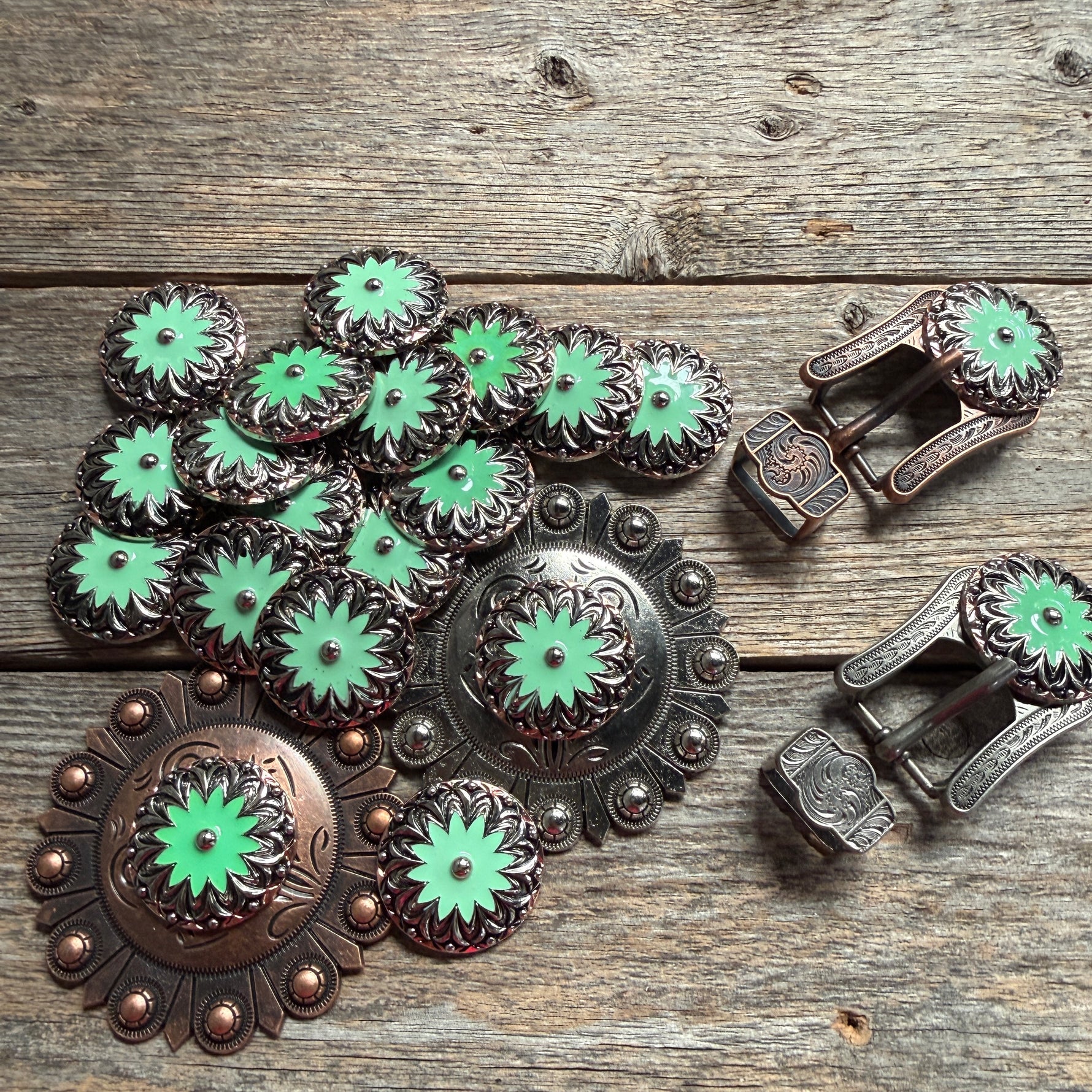 Copper & Antique Silver Turquoise Flower Western Concho W122
