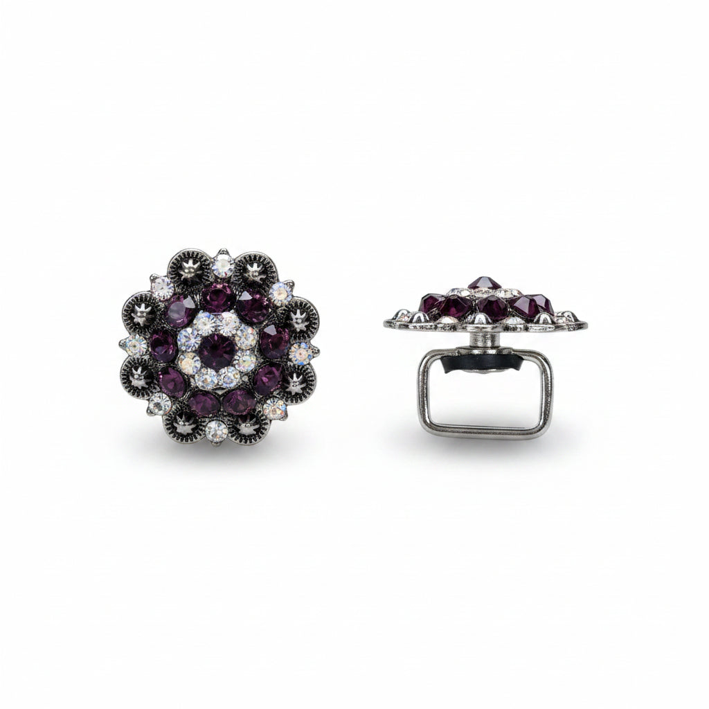 Antique Silver Amethyst - AB Crystal Conchos | Sizes 1"- 3" | Buckles | Saddle Set | Leather Rosettes | Slide