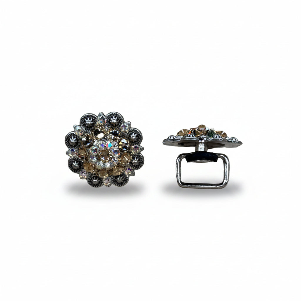 Antique Silver Champagne - AB Crystal Conchos | Sizes 1"- 3" | Buckles | Saddle Set | Leather Rosettes | Slide