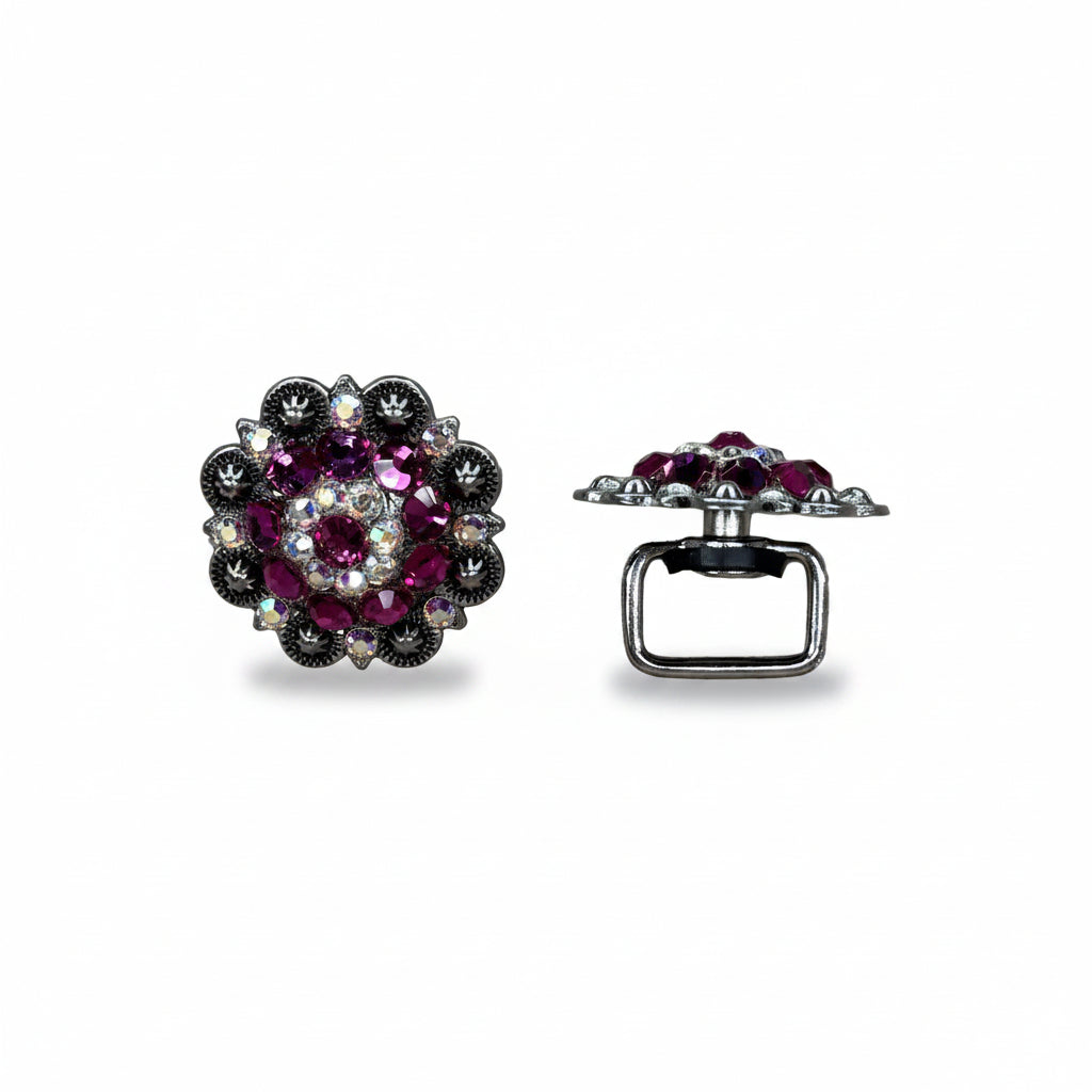 Antique Silver Fuchsia - AB Crystal Conchos | Sizes 1"- 3" | Buckles | Saddle Set | Leather Rosettes | Slide