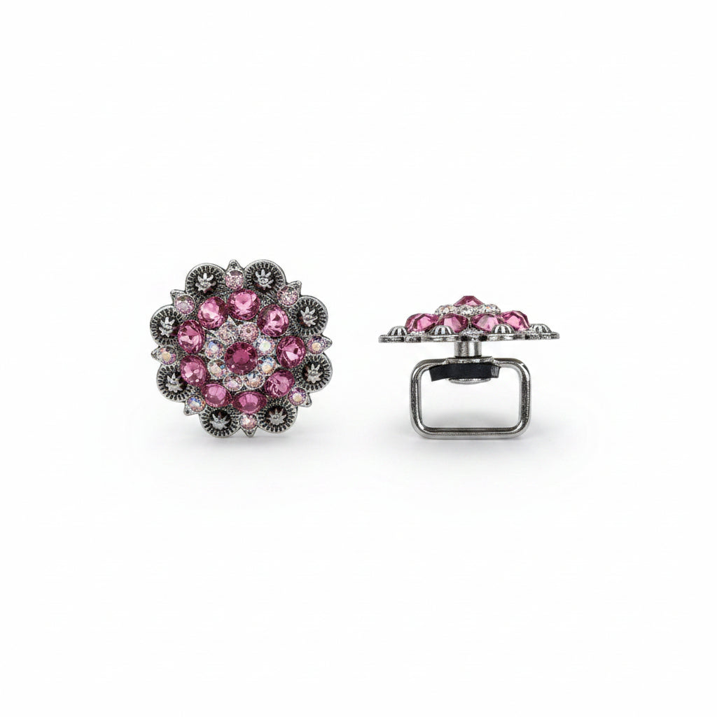 Antique Silver Pink - AB Crystal Conchos | Sizes 1"- 3" | Buckles | Saddle Set | Leather Rosettes | Slide