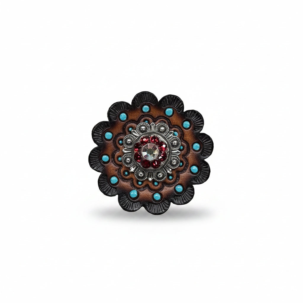 Antique Silver Ruby - AB Crystal Conchos | Sizes 1"- 3" | Buckles | Saddle Set | Leather Rosettes | Slide