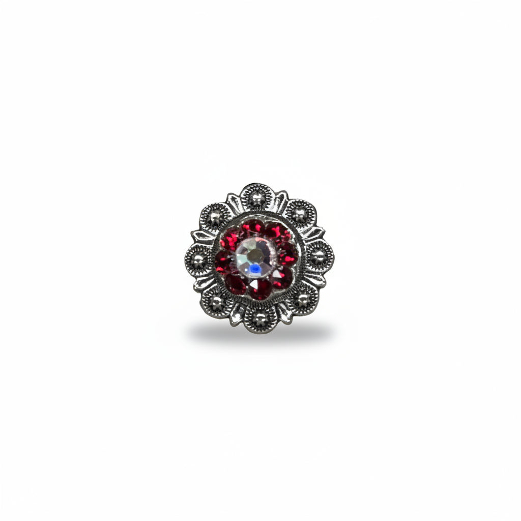 Antique Silver Ruby - AB Crystal Conchos | Sizes 1"- 3" | Buckles | Saddle Set | Leather Rosettes | Slide