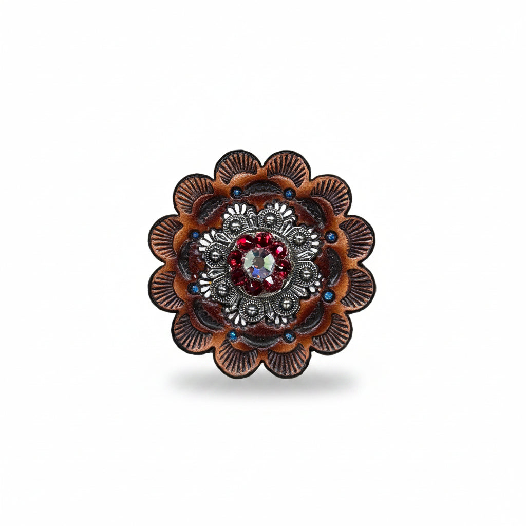 Antique Silver Ruby - AB Crystal Conchos | Sizes 1"- 3" | Buckles | Saddle Set | Leather Rosettes | Slide