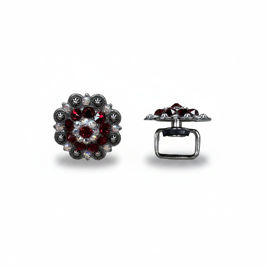 Antique Silver Ruby - AB Crystal Conchos | Sizes 1"- 3" | Buckles | Saddle Set | Leather Rosettes | Slide