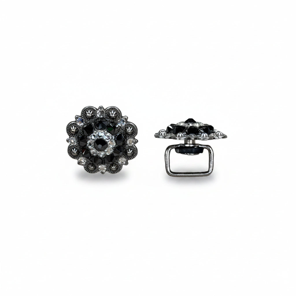 Antique Silver Jet - Clear Crystal Conchos | Sizes 1"- 3" | Buckles | Saddle Set | Leather Rosettes | Slide