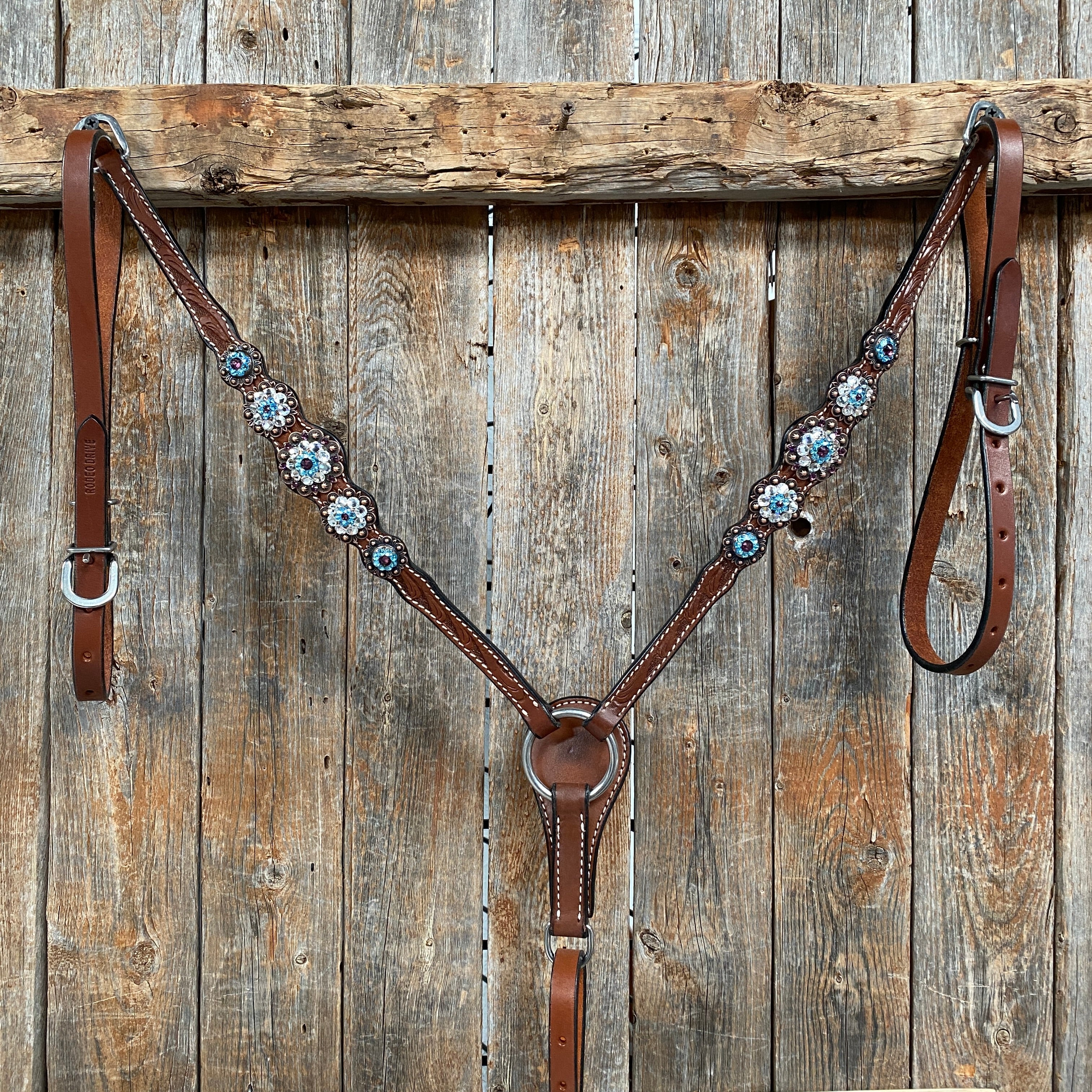 Medium Oil Floral Amethyst - Aqua One Ear- Browband Breastcollar Tack Set #BBBC590