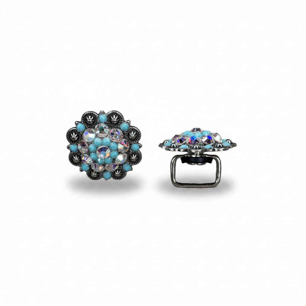 Antique Silver Turquoise - AB Crystal Conchos | Sizes 1"- 3" | Buckles | Saddle Set | Leather Rosettes | Slide