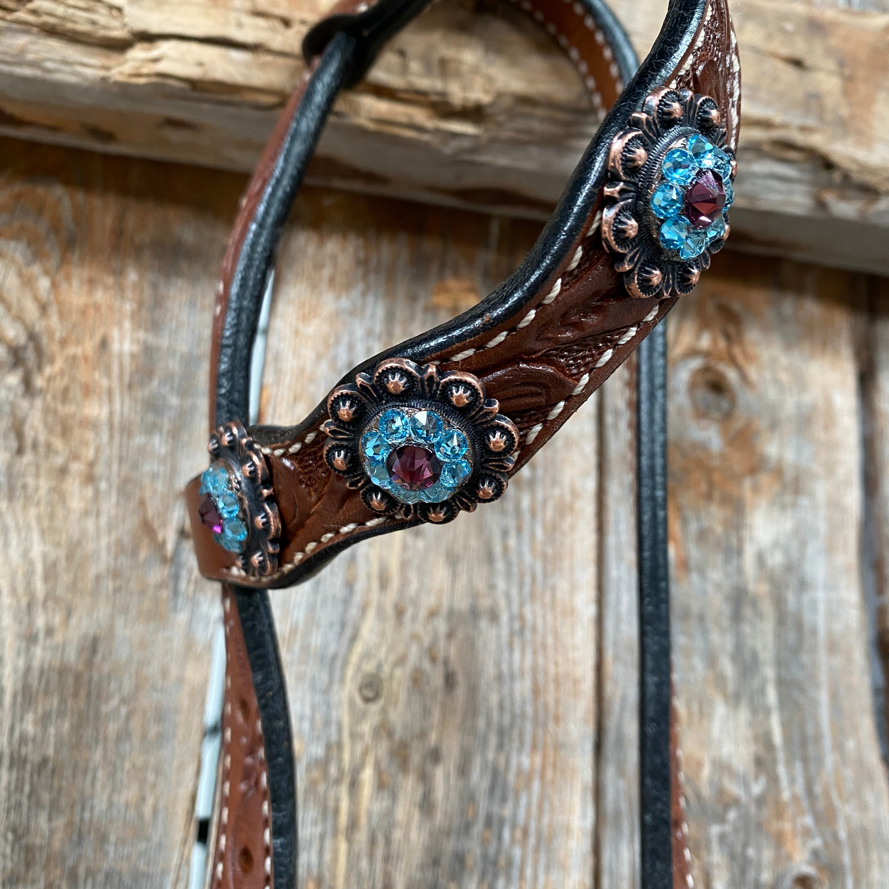 Medium Oil Floral Amethyst - Aqua One Ear- Browband Breastcollar Tack Set #BBBC590