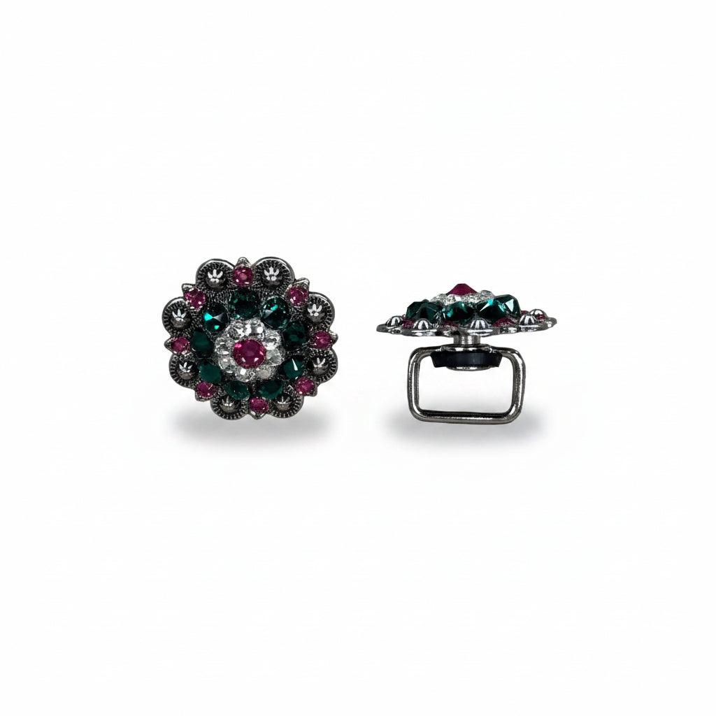 Antique Silver Fuchsia - Clear - Emerald  Crystal Conchos | Sizes 1"- 3" | Buckles | Saddle Set | Leather Rosettes | Slide