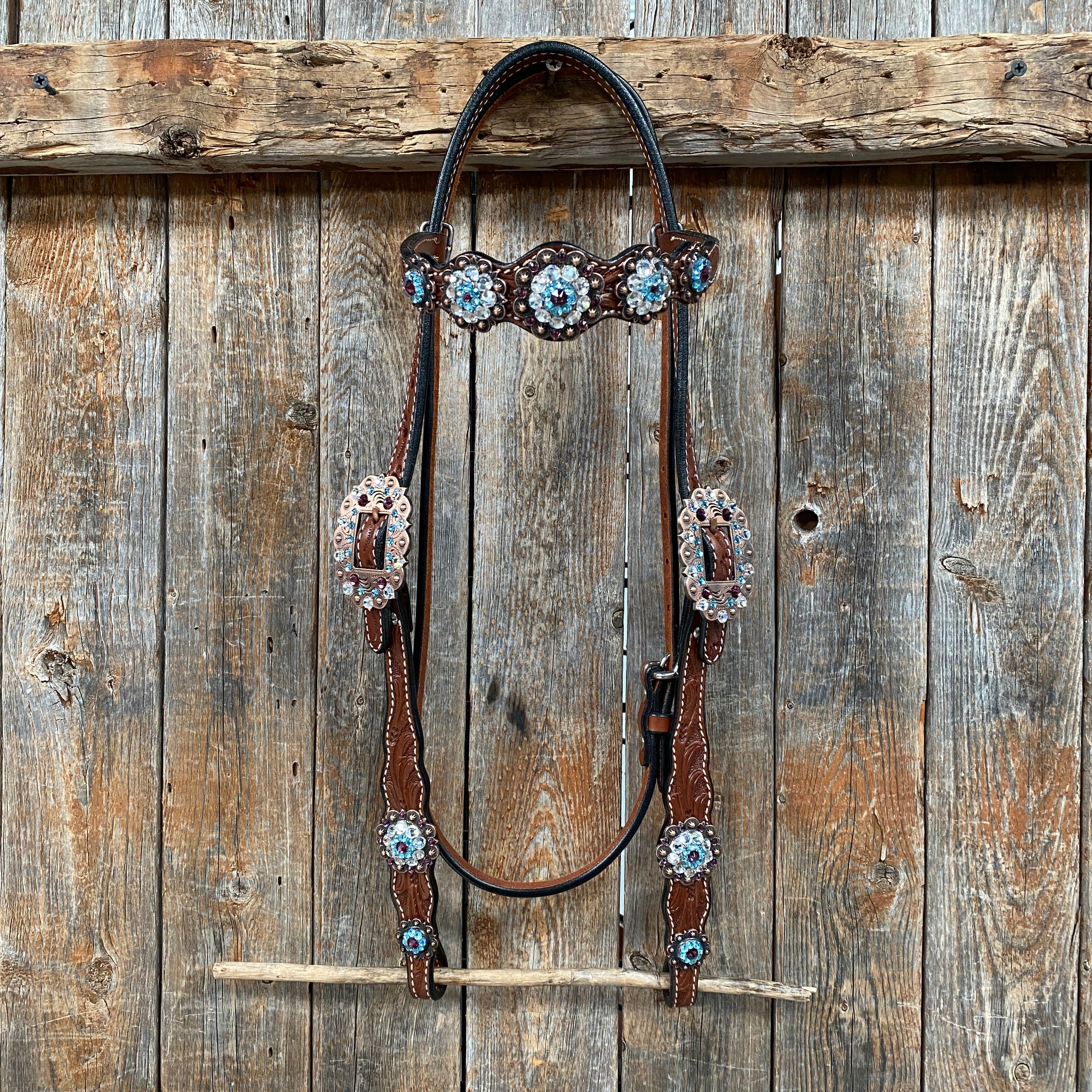 Medium Oil Floral Amethyst - Aqua One Ear- Browband Breastcollar Tack Set #BBBC590