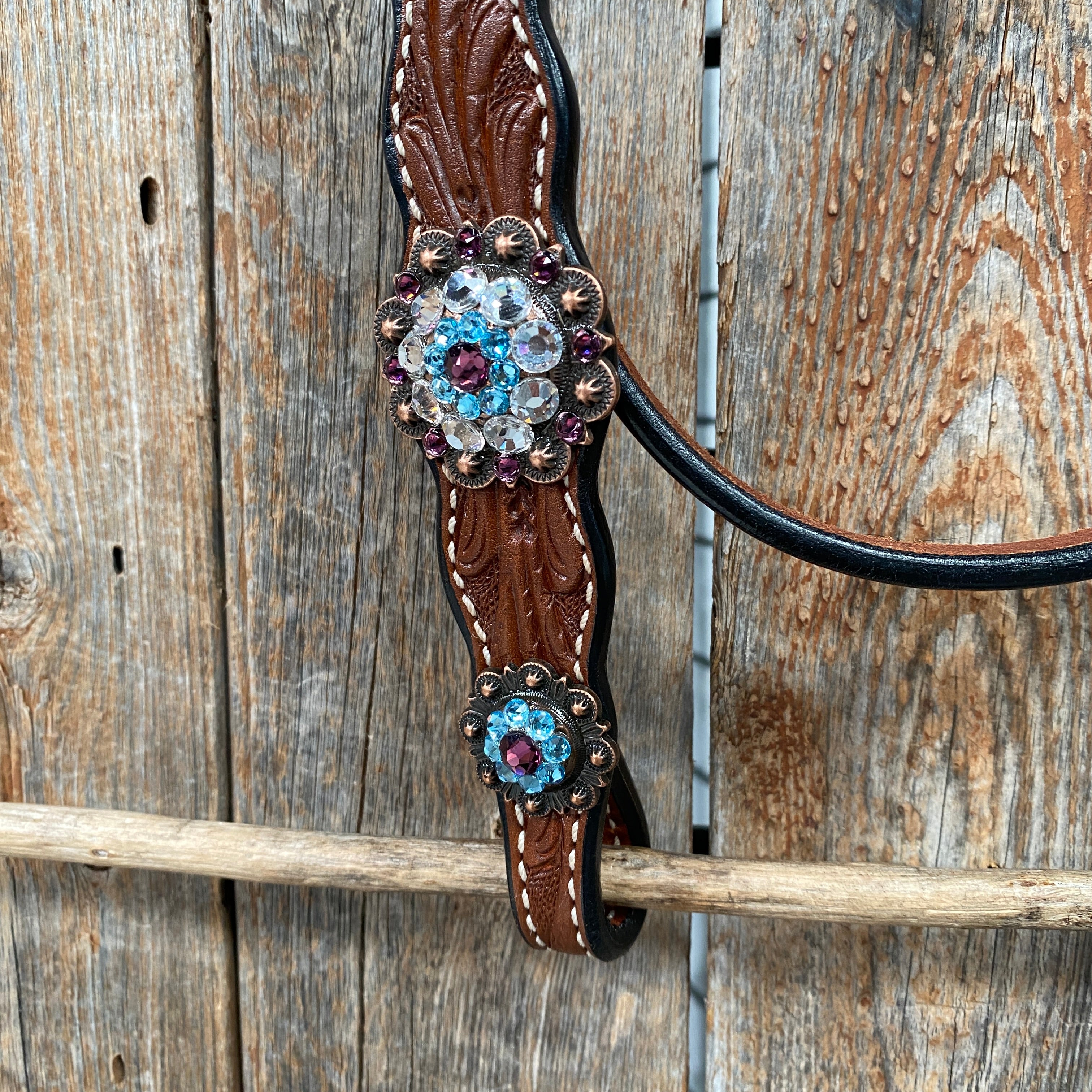 Medium Oil Floral Amethyst - Aqua One Ear- Browband Breastcollar Tack Set #BBBC590