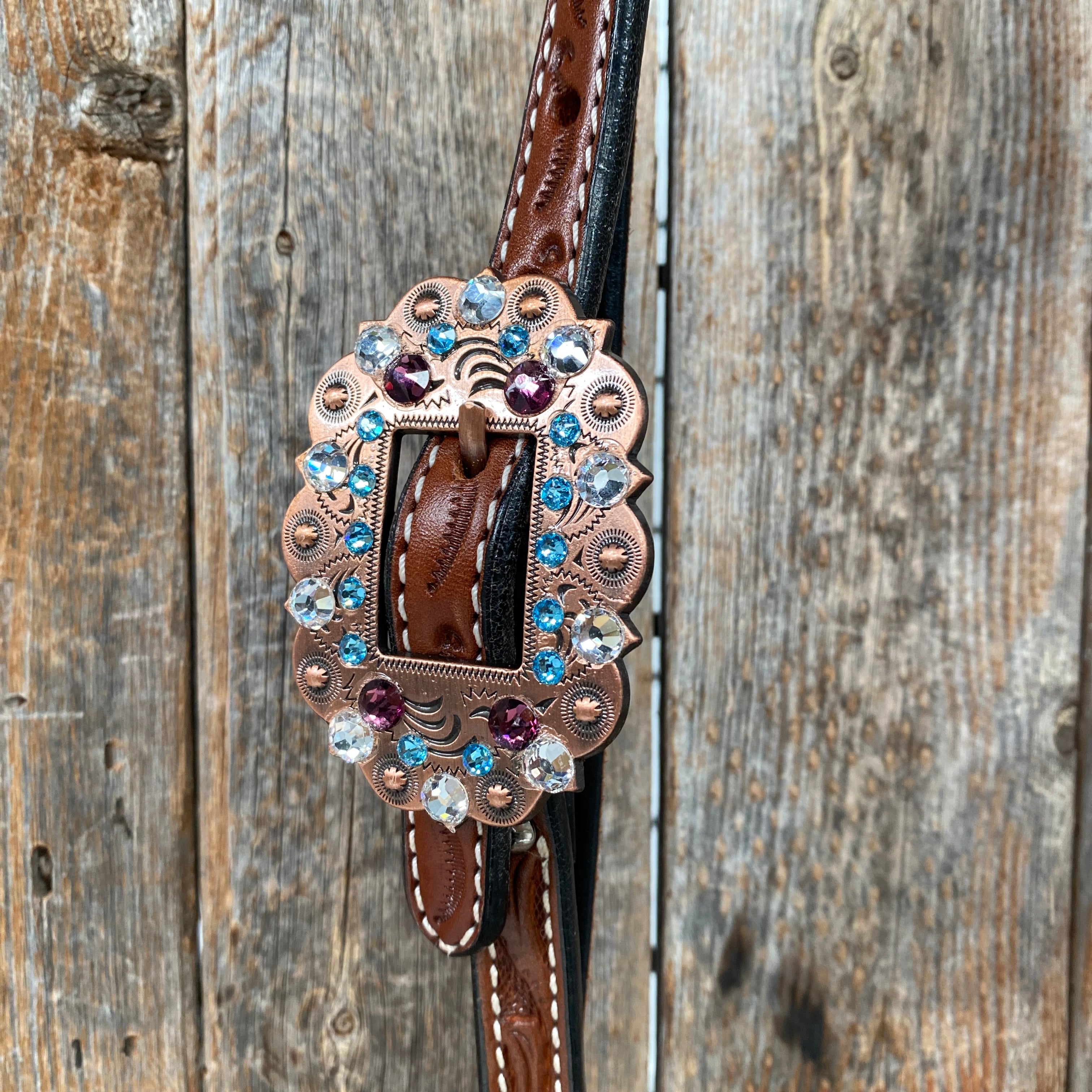 Medium Oil Floral Amethyst - Aqua One Ear- Browband Breastcollar Tack Set #BBBC590