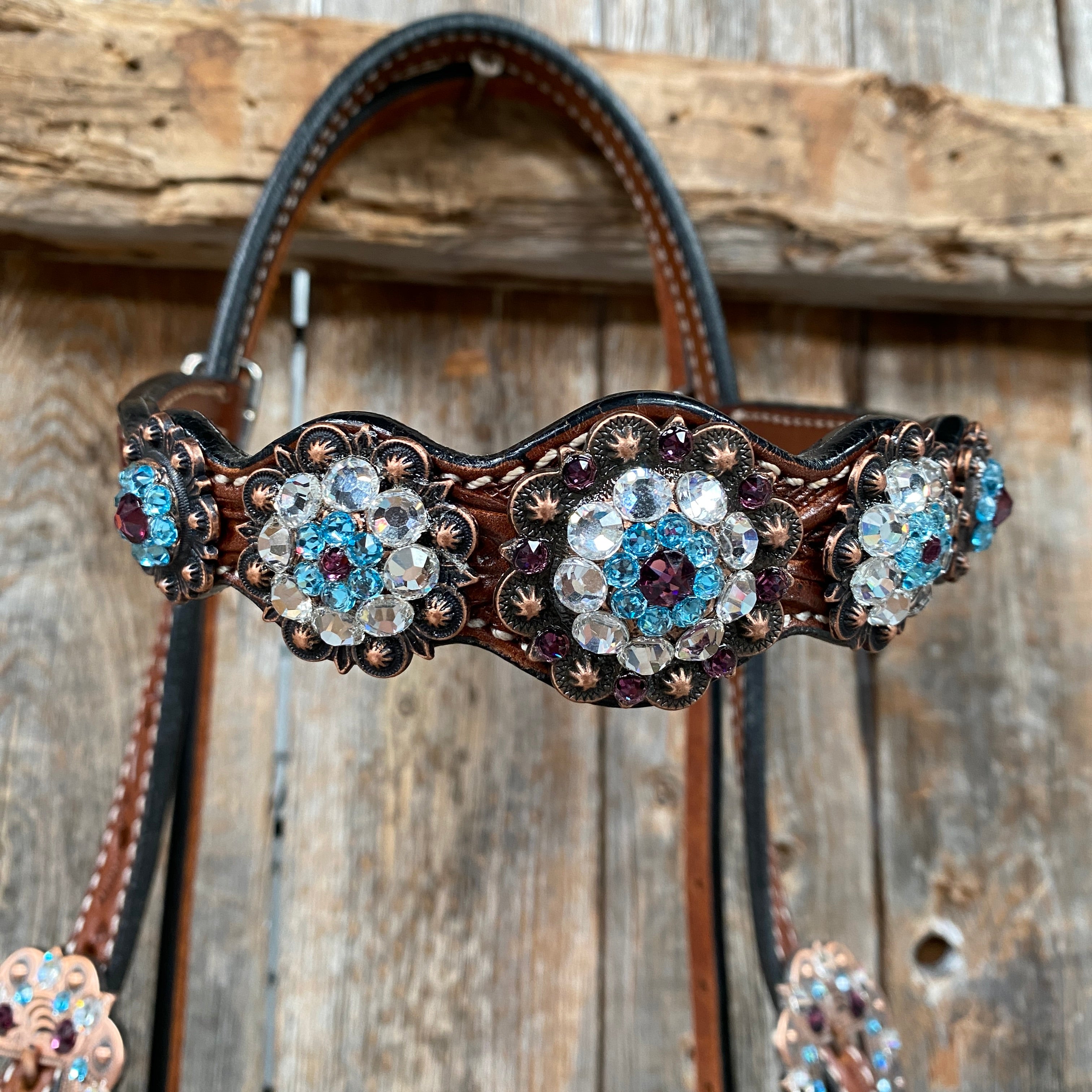 Medium Oil Floral Amethyst - Aqua One Ear- Browband Breastcollar Tack Set #BBBC590