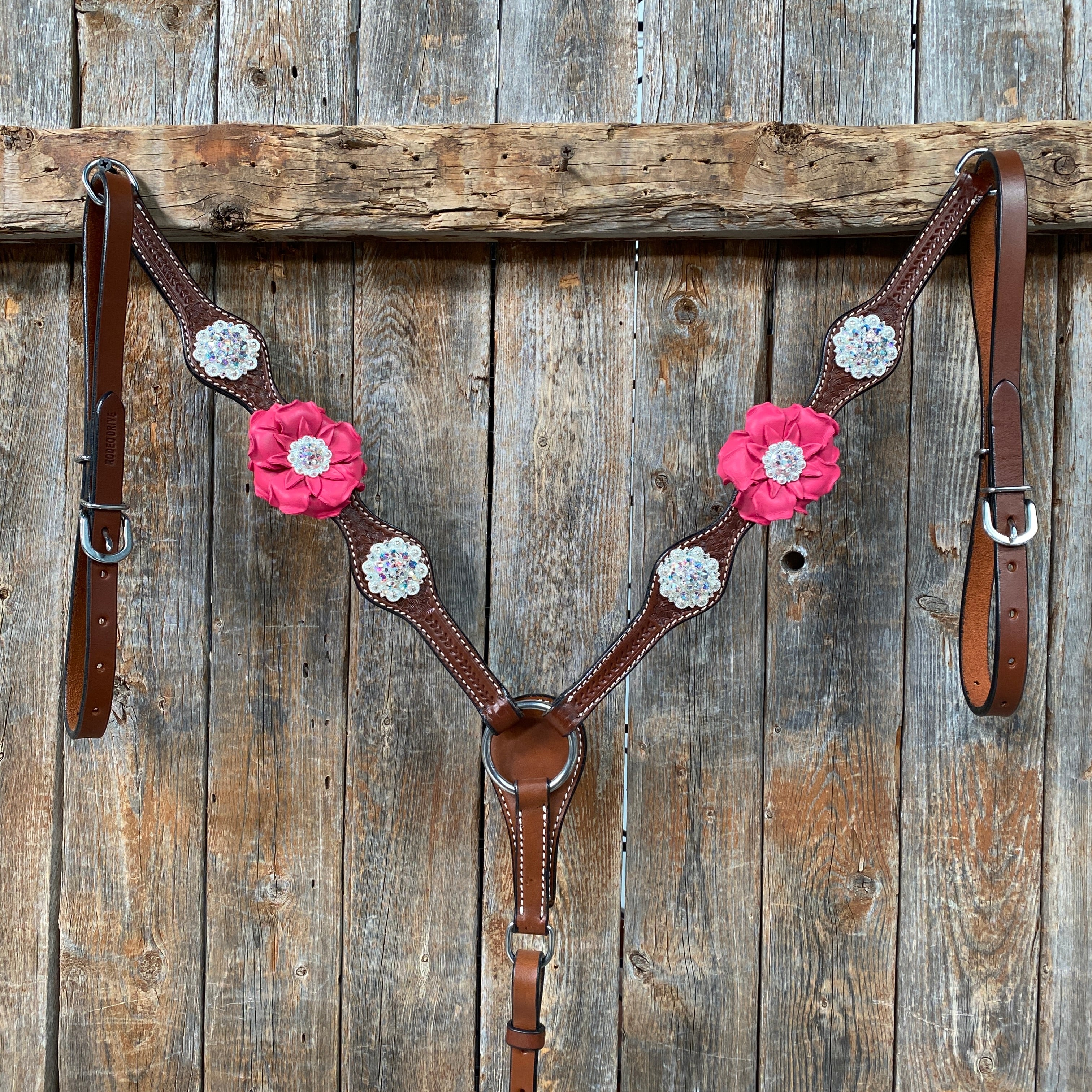 Medium Oil Basketweave Pink & AB One Ear Tack Set  #OEBC591