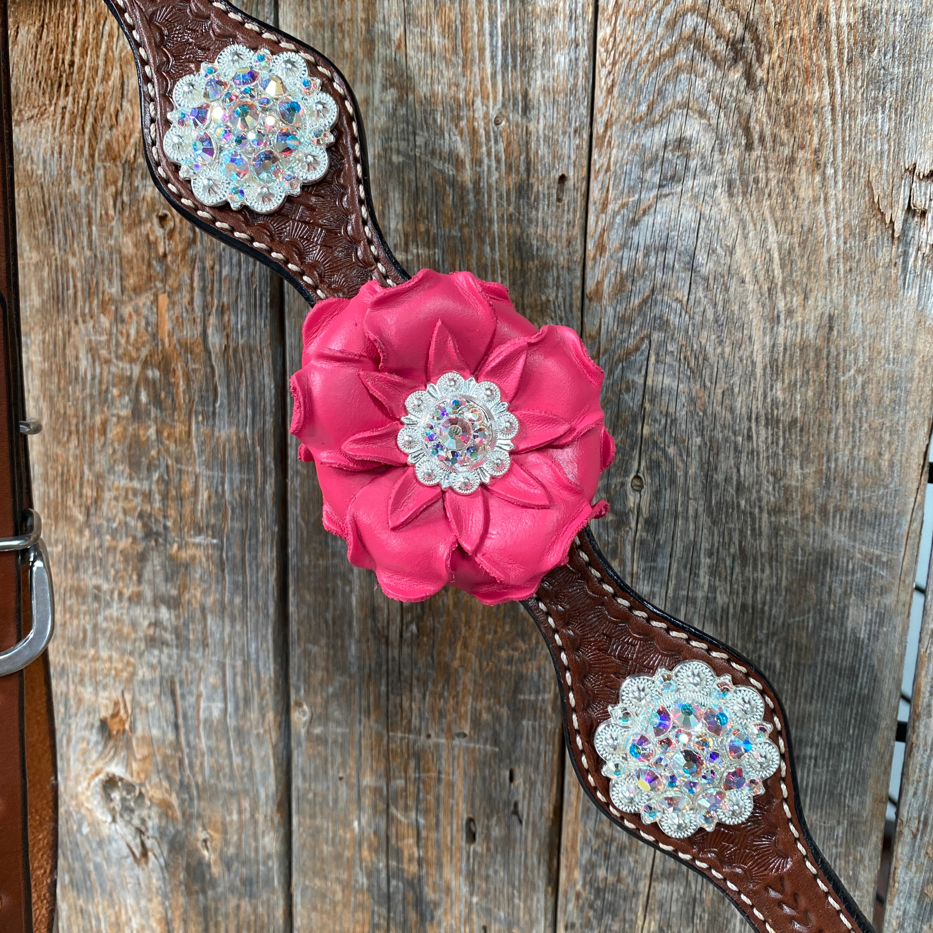 Medium Oil Basketweave Pink & AB One Ear Tack Set  #OEBC591