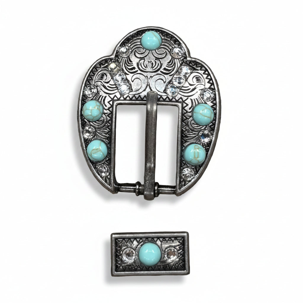 Antique Silver Turquoise - Clear Crystal Conchos | Sizes 1"- 3" | Buckles | Saddle Set | Leather Rosettes | Slide