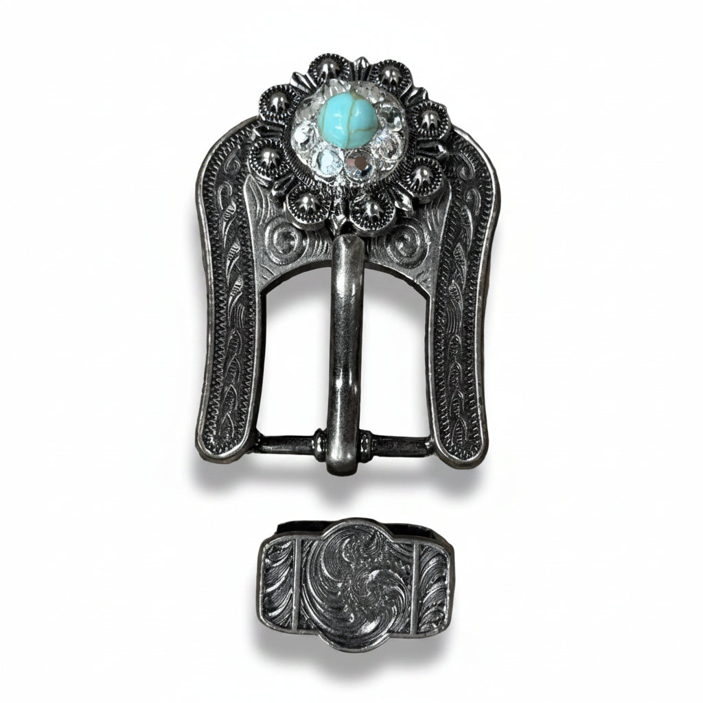 Antique Silver Turquoise - Clear Crystal Conchos | Sizes 1"- 3" | Buckles | Saddle Set | Leather Rosettes | Slide