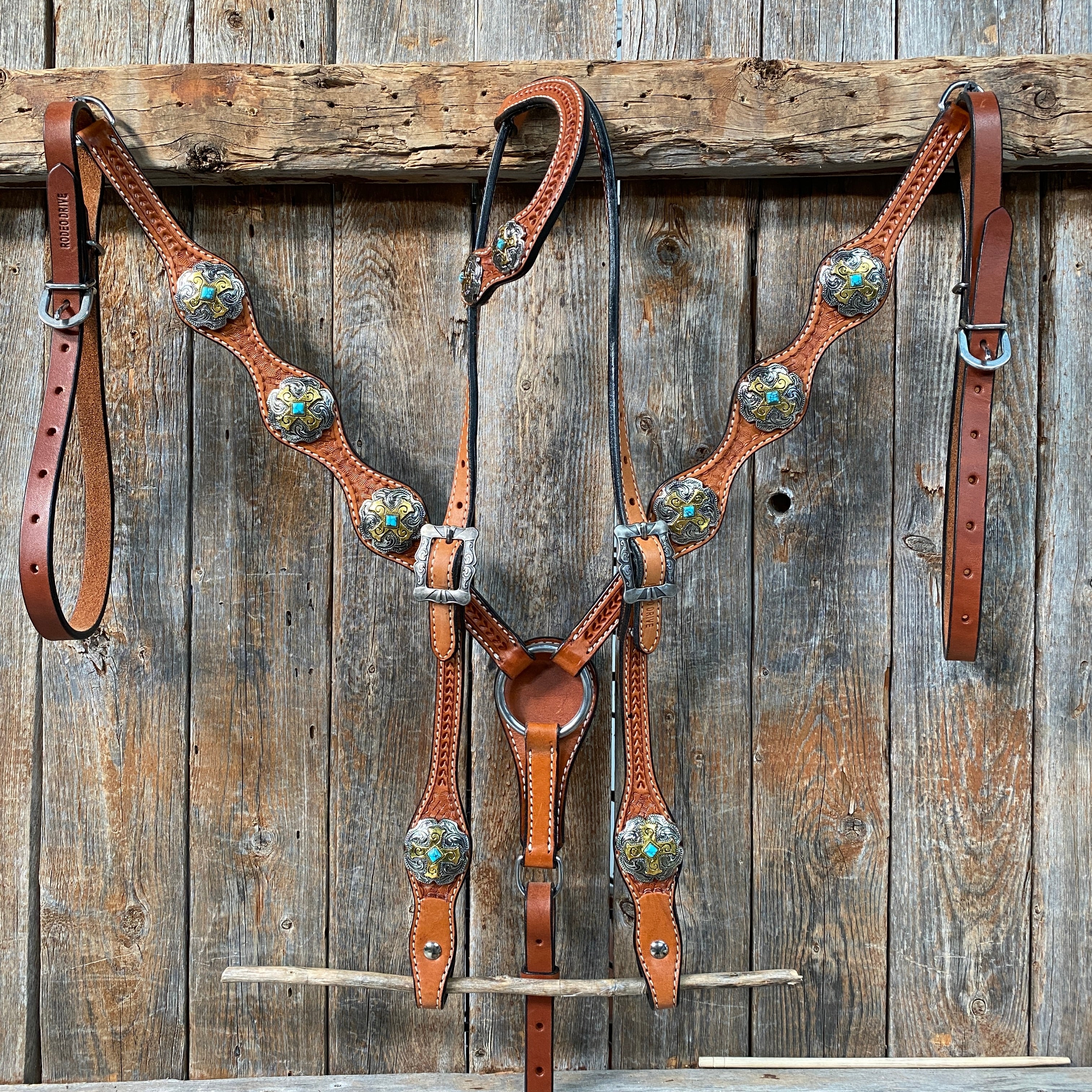 Light Oil Basketweave Turquoise and Cross One Ear Tack Set  #OEBC659