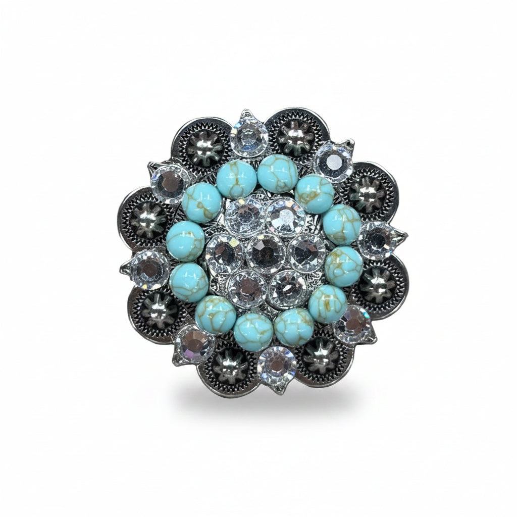 Antique Silver Turquoise - Clear Crystal Conchos | Sizes 1"- 3" | Buckles | Saddle Set | Leather Rosettes | Slide