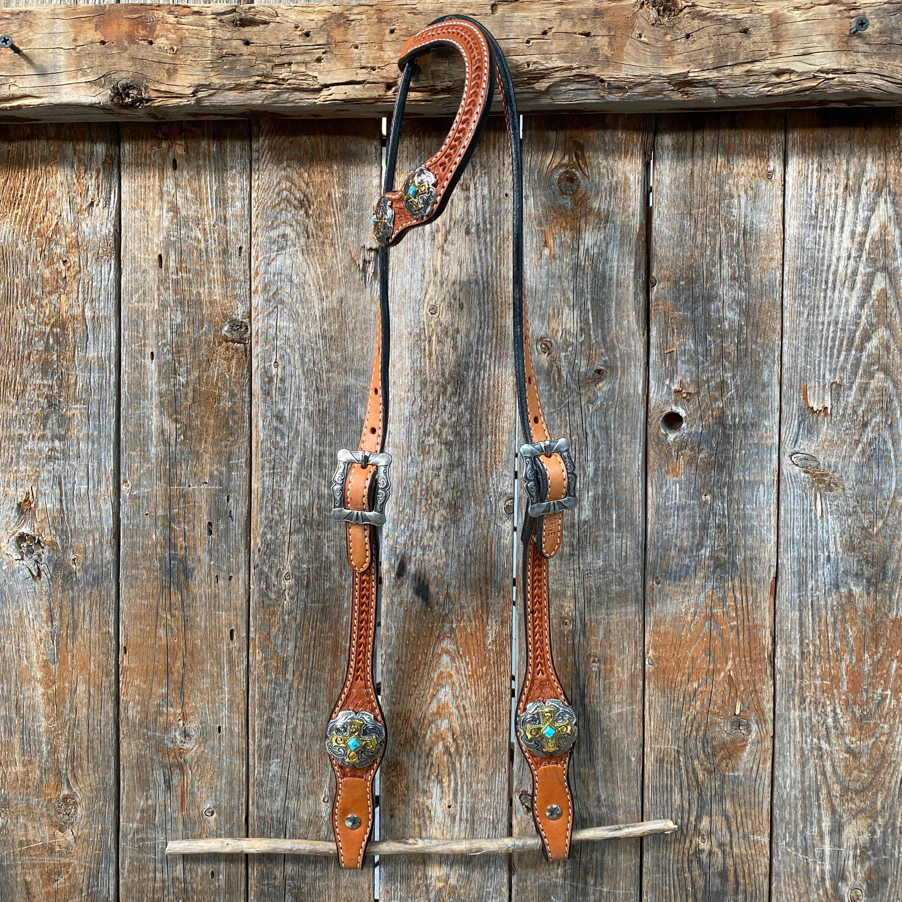 Light Oil Basketweave Turquoise and Cross One Ear Tack Set  #OEBC659